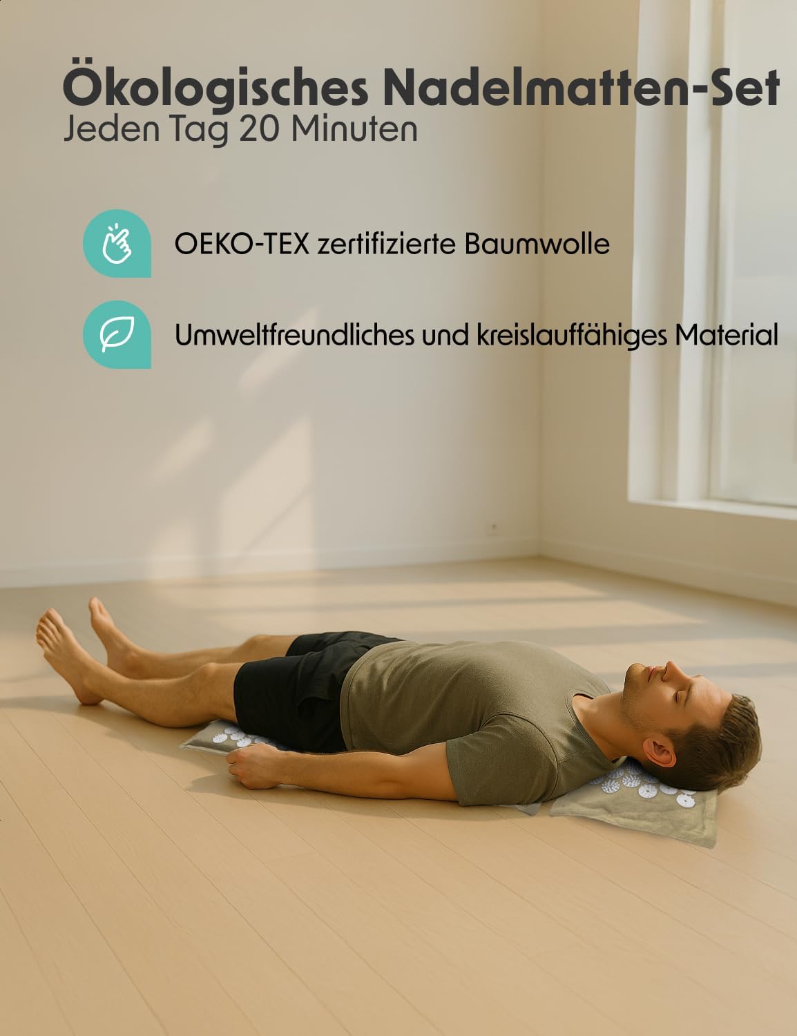 Detalle de LifeGoods ECO Akupressurmatte mit Kissen – Akkupressur-/Akupunktur-Massagematte für Rücken, Nacken & Kopf
