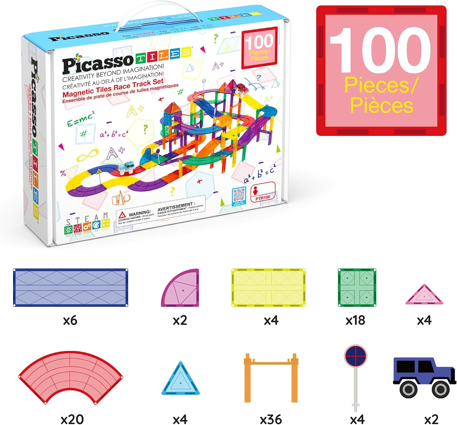 Thumbnail 6 de PicassoTiles PTR100 – magnetyczne klocki konstrukcyjne, 100 elementów, motyw wyścigowy