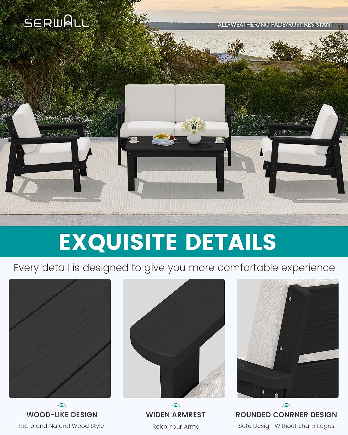 Thumbnail 3 de SERWALL P111-037 4-Piece HDPE Patio Sofa Set with Khaki Cushions