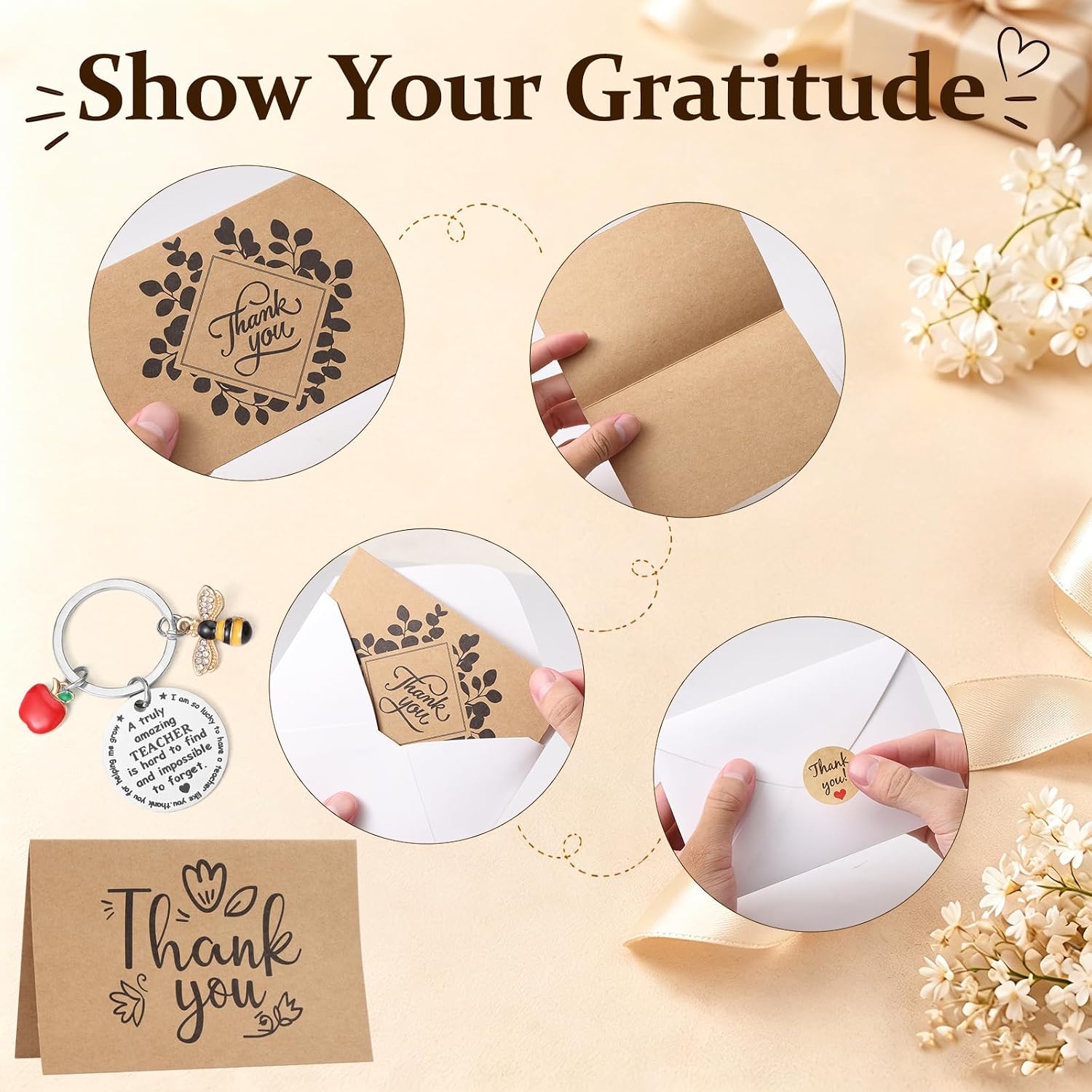 Detalle de 12 Pack Teacher Gifts Set: Thank You Keychains, Cards, Envelopes and Gift Boxes