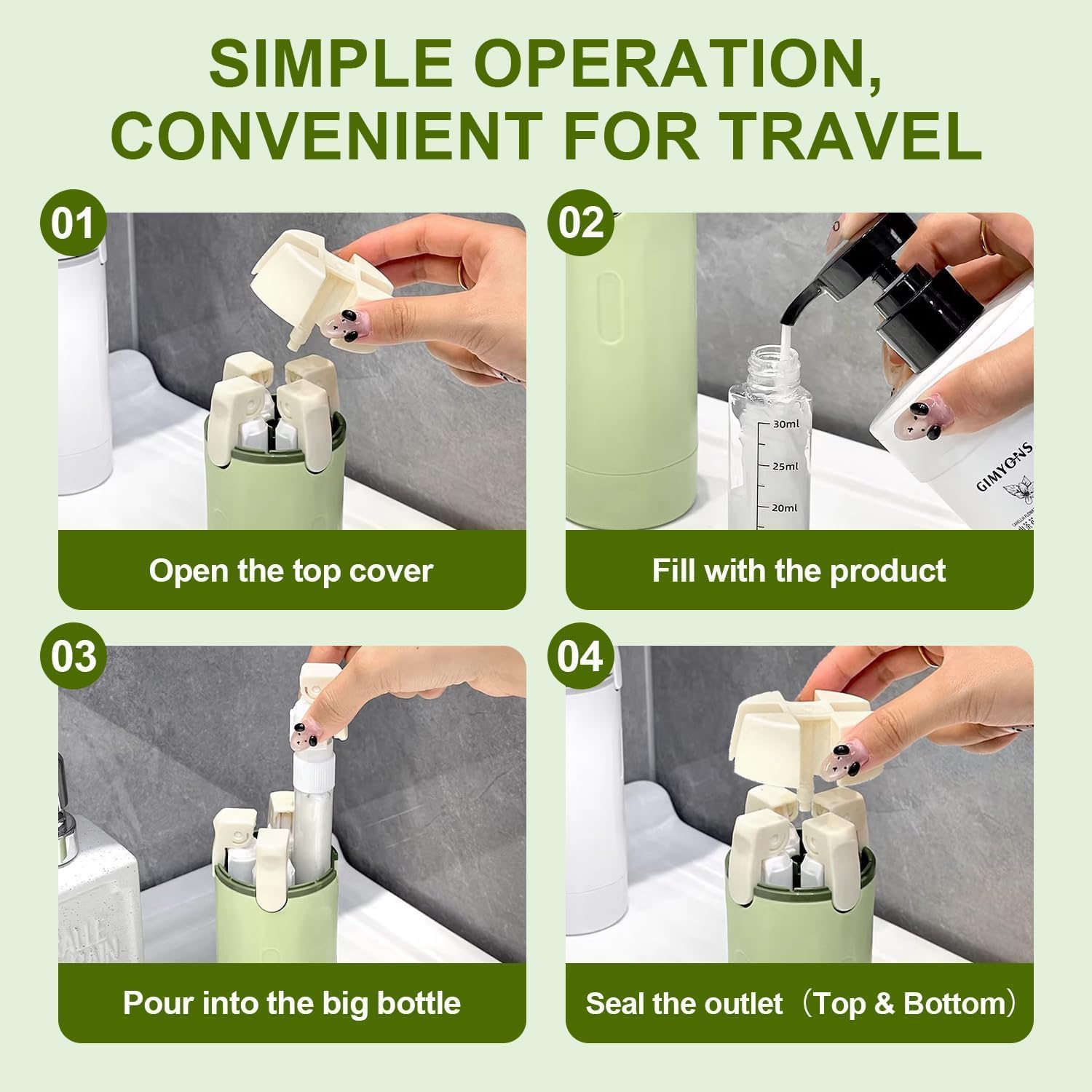 Thumbnail 3 de Ruichi 4-in-1-Reisespender – Nachfüllbares 4-Kammer-Set für Shampoo, Spülung, Duschgel und Lotion