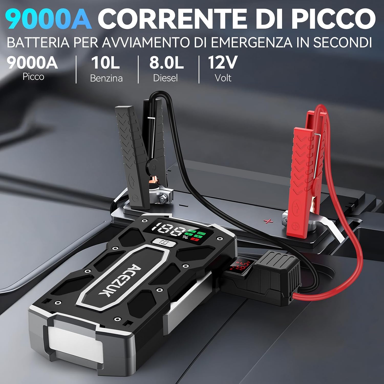 Detalle de ACEZUK Avviatore Batteria Auto M02 da 9000 A: Avvio di Emergenza per Auto, Moto e Oltre