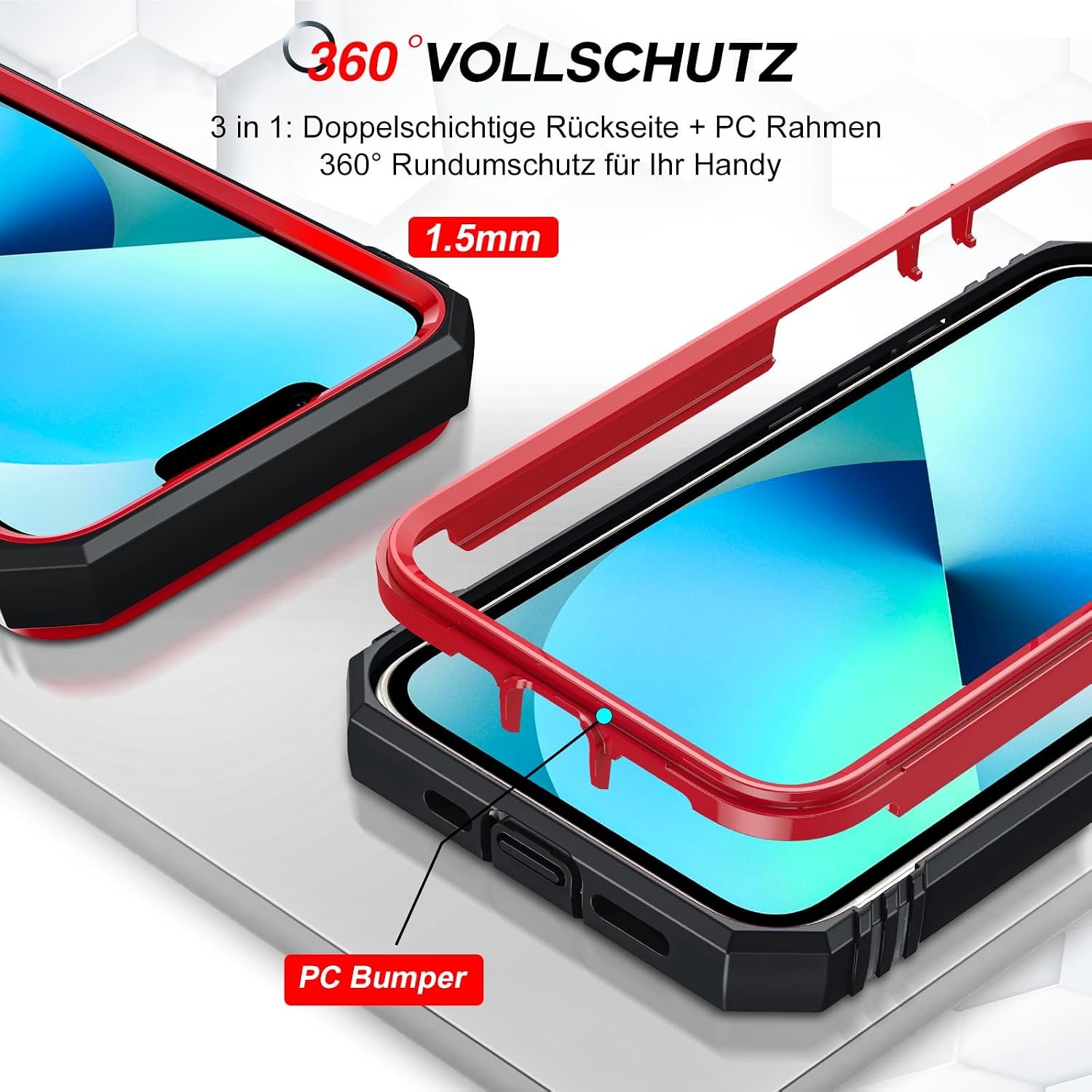 Detalle de LeYi iPhone 14 6.1" case with sliding camera cover, 360° armour protection and ring stand (2-pack tempered glass)