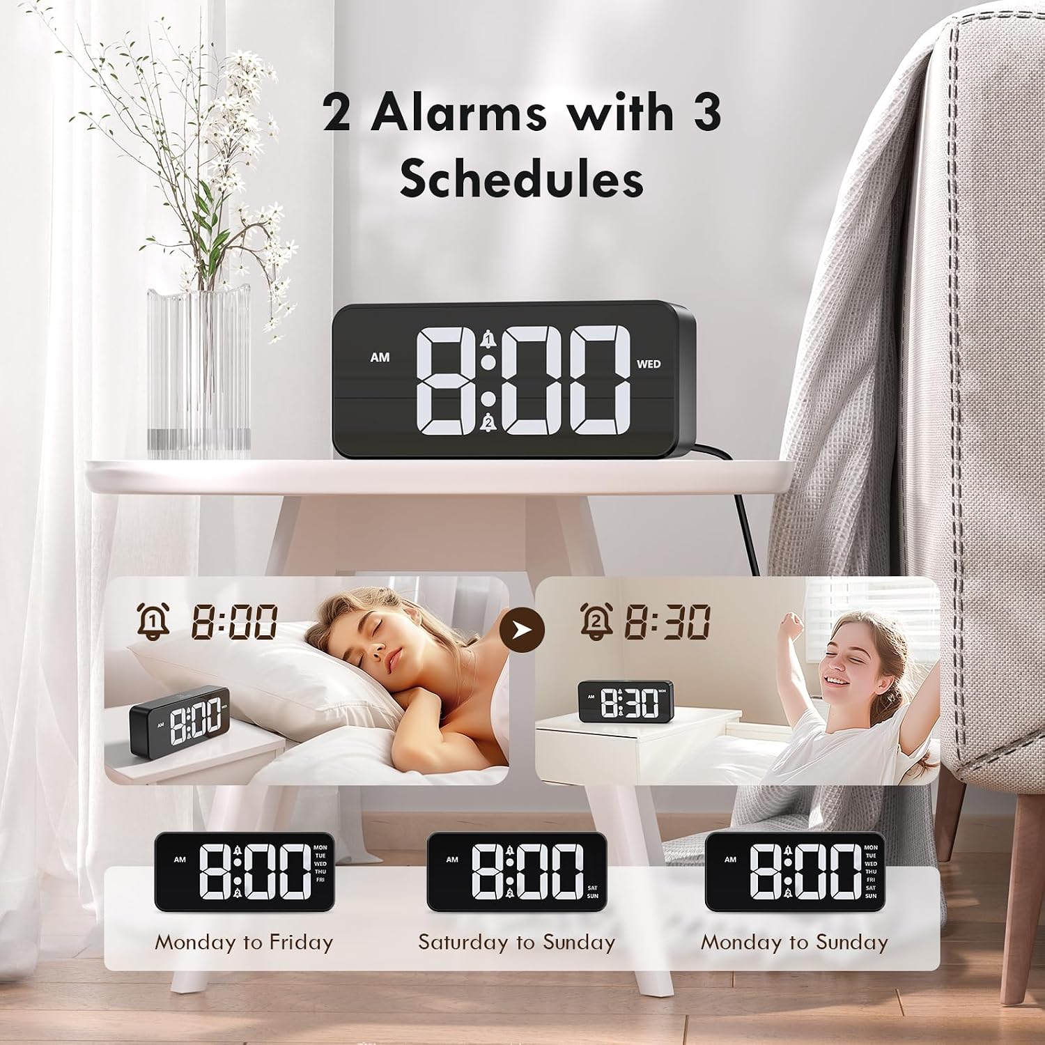 Thumbnail 3 de CHEREEKI mains powered bedside alarm clock with large LED display, dual alarms and USB charging