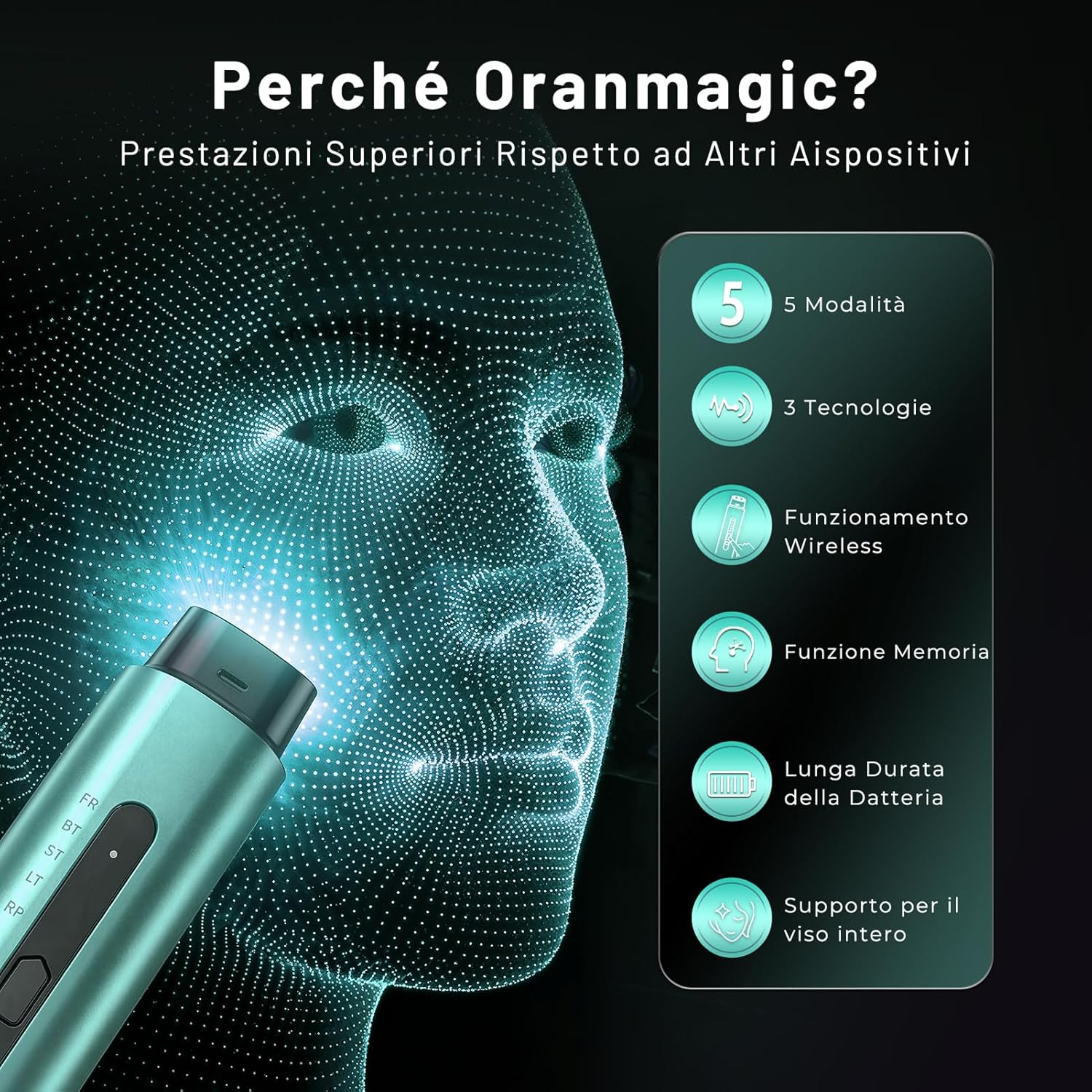 Detalle de Radiofrequenza Viso Professionale con Microcorrente e LED – Massaggiatore Viso e Collo (verde)