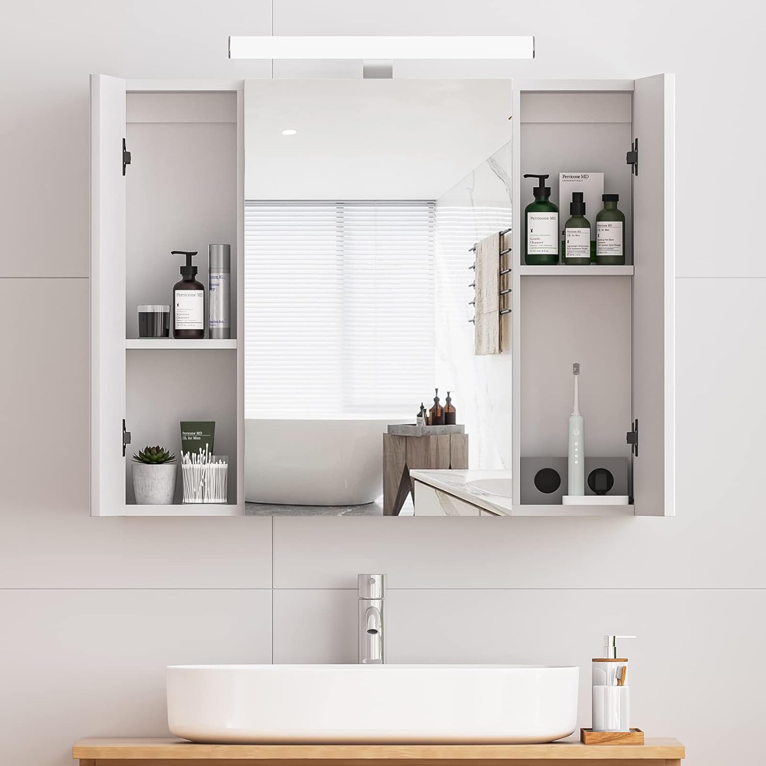 Detalle de DICTAC Armadietto Bagno con Luce e Specchio 70x60x15 cm, 3 Ante e Ripiani Regolabili, Cavo presa e illuminazione LED