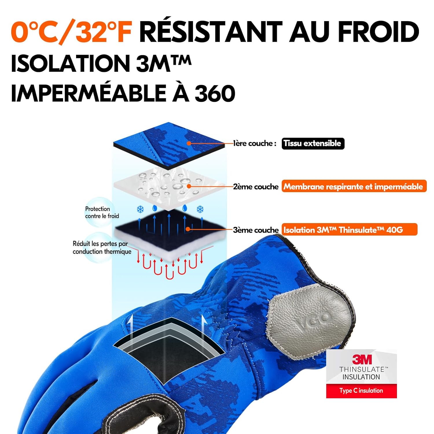 Thumbnail 1 de Gants de travail d'hiver en cuir de vache Vgo… avec doublure 3M Thinsulate C40 – Bleus, XL, imperméables