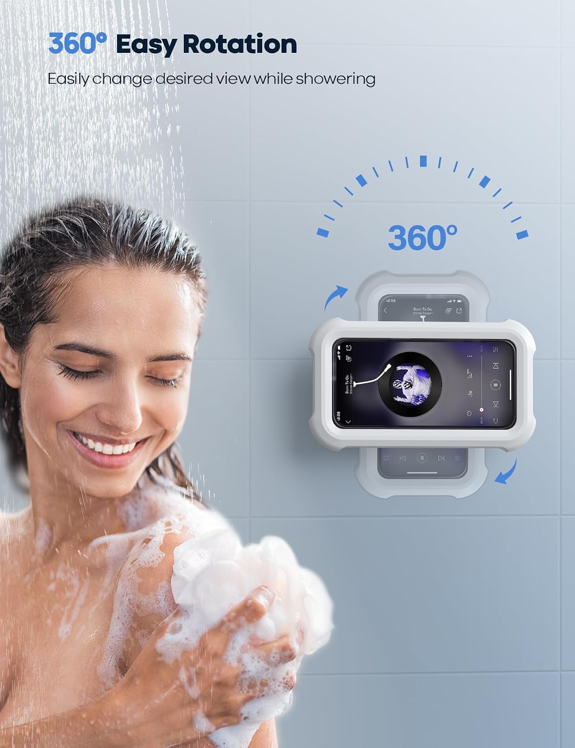 Detalle de Lamicall Waterproof Shower Phone Holder with 480° Rotation, Anti-Fog Touchscreen Wall Mount (Fit 4–7") – White