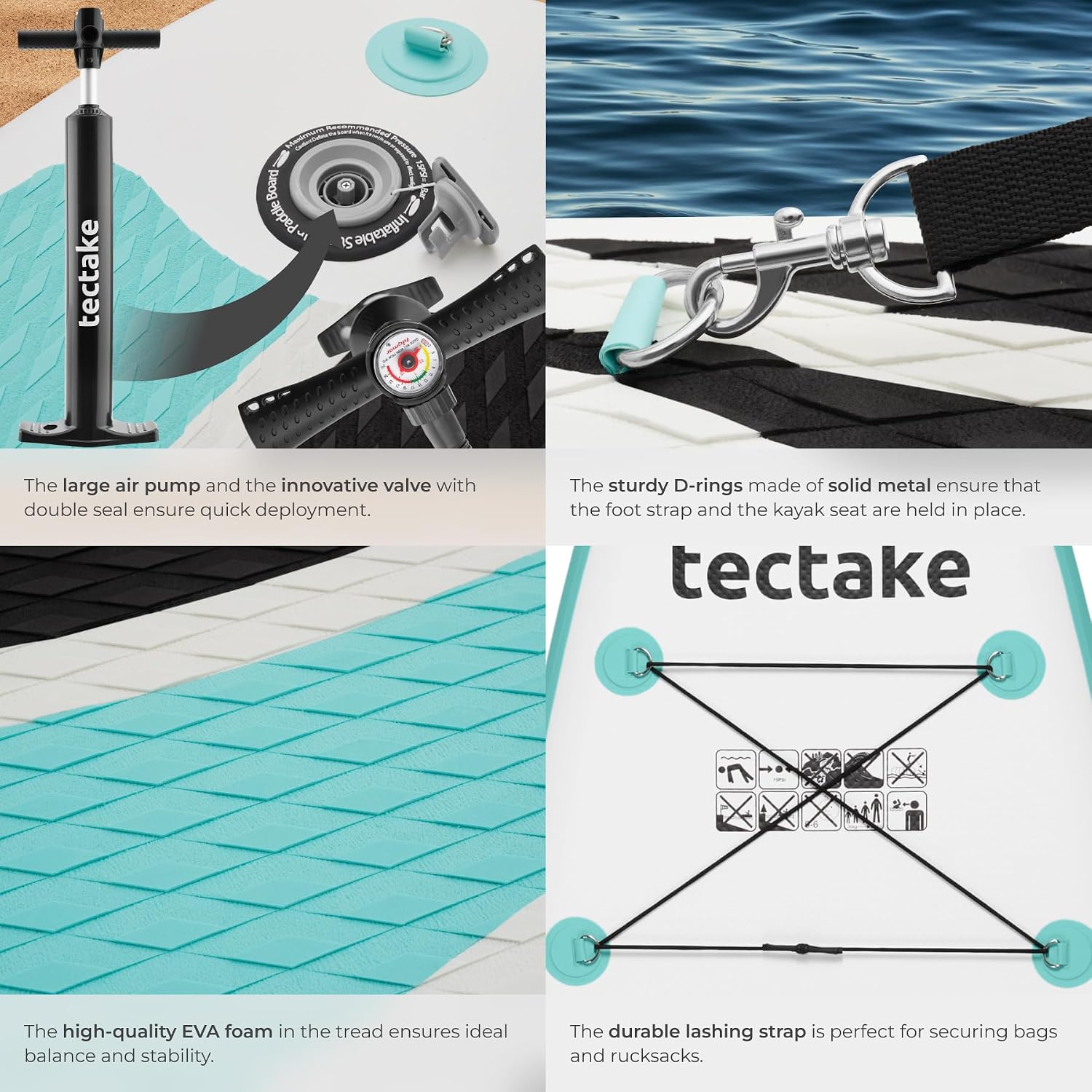 Detalle 1 de tectake Zenon uppblåsbar SUP-bräda med kajaksits, Drop-Stitch och 200 kg kapacitet