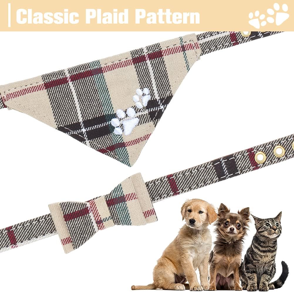 Detalle de EXPAWLORER Classic Plaid Dog Collar with Bow Tie and Pawprint Bandana – Brown, Medium