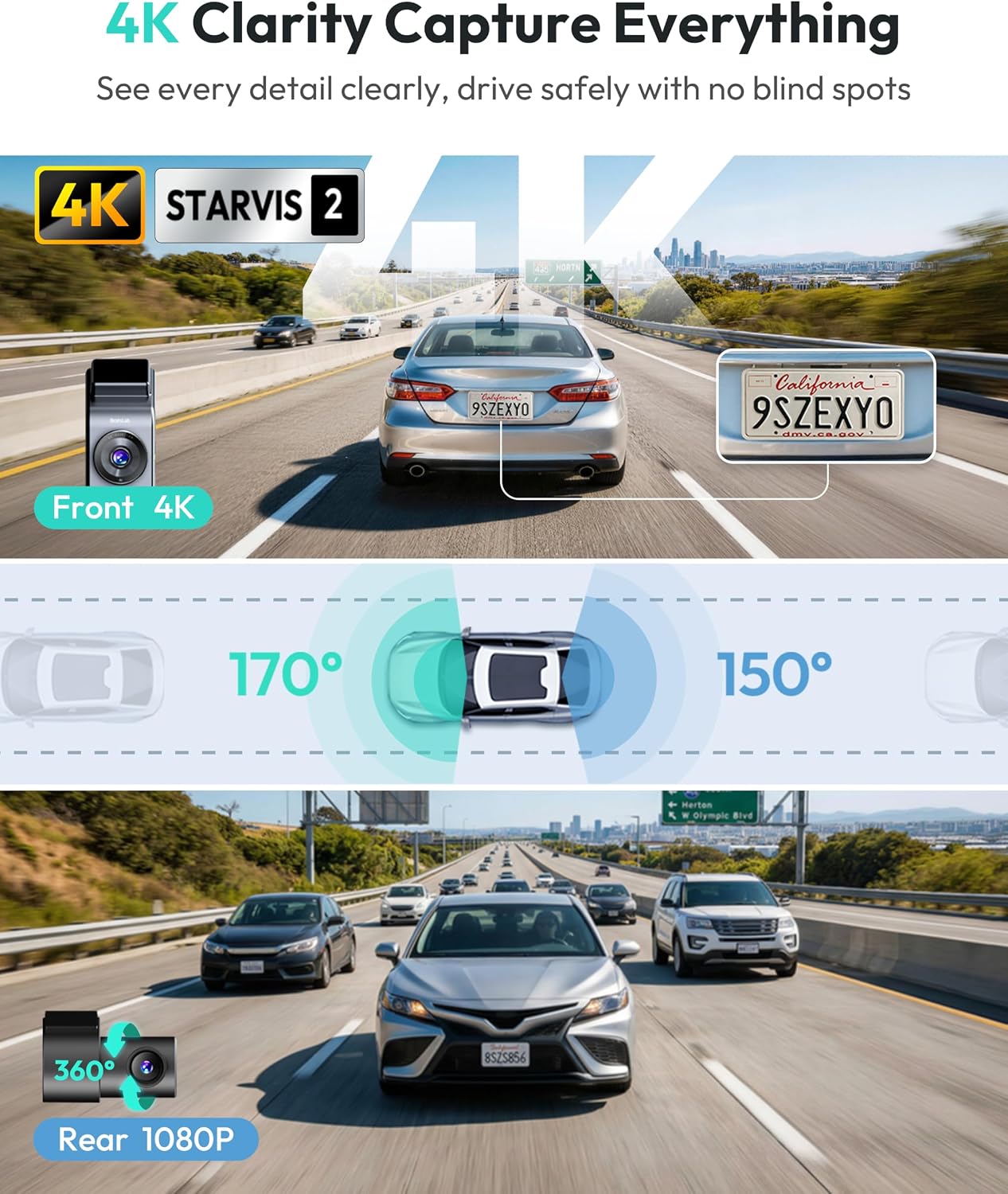 Detalle de BOTSLAB G300H Plus 4K Dual Dash Cam, STARVIS 2, HDR Night Vision & GPS