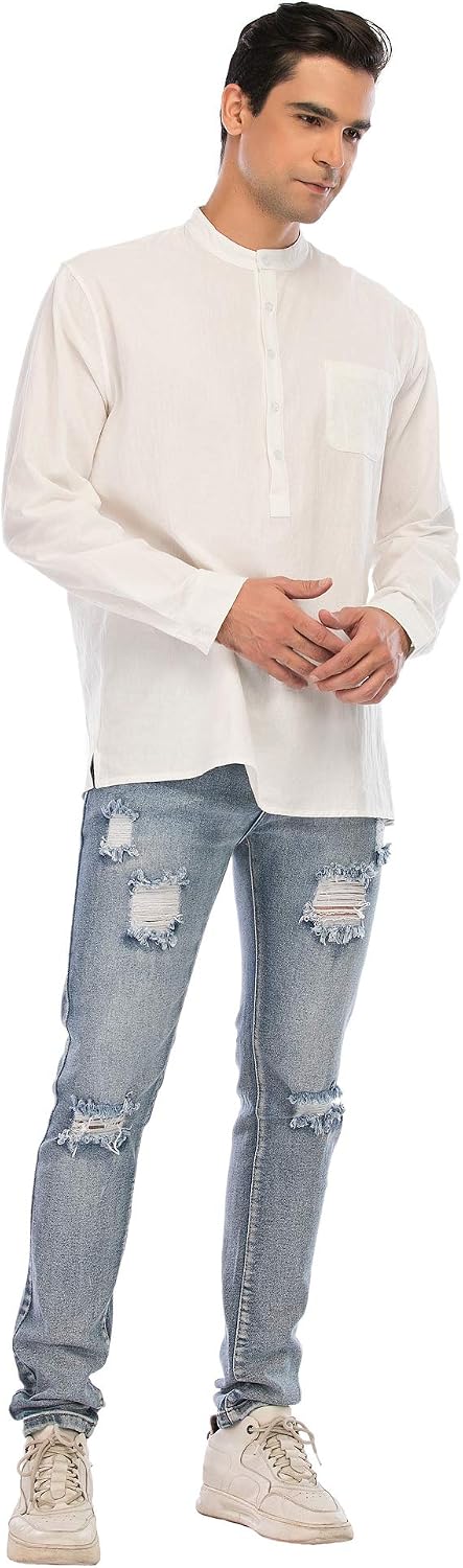 Thumbnail 6 de LVCBL Camicia da Uomo in Lino Estiva A Maniche Lunghe, Vestibilità Normale