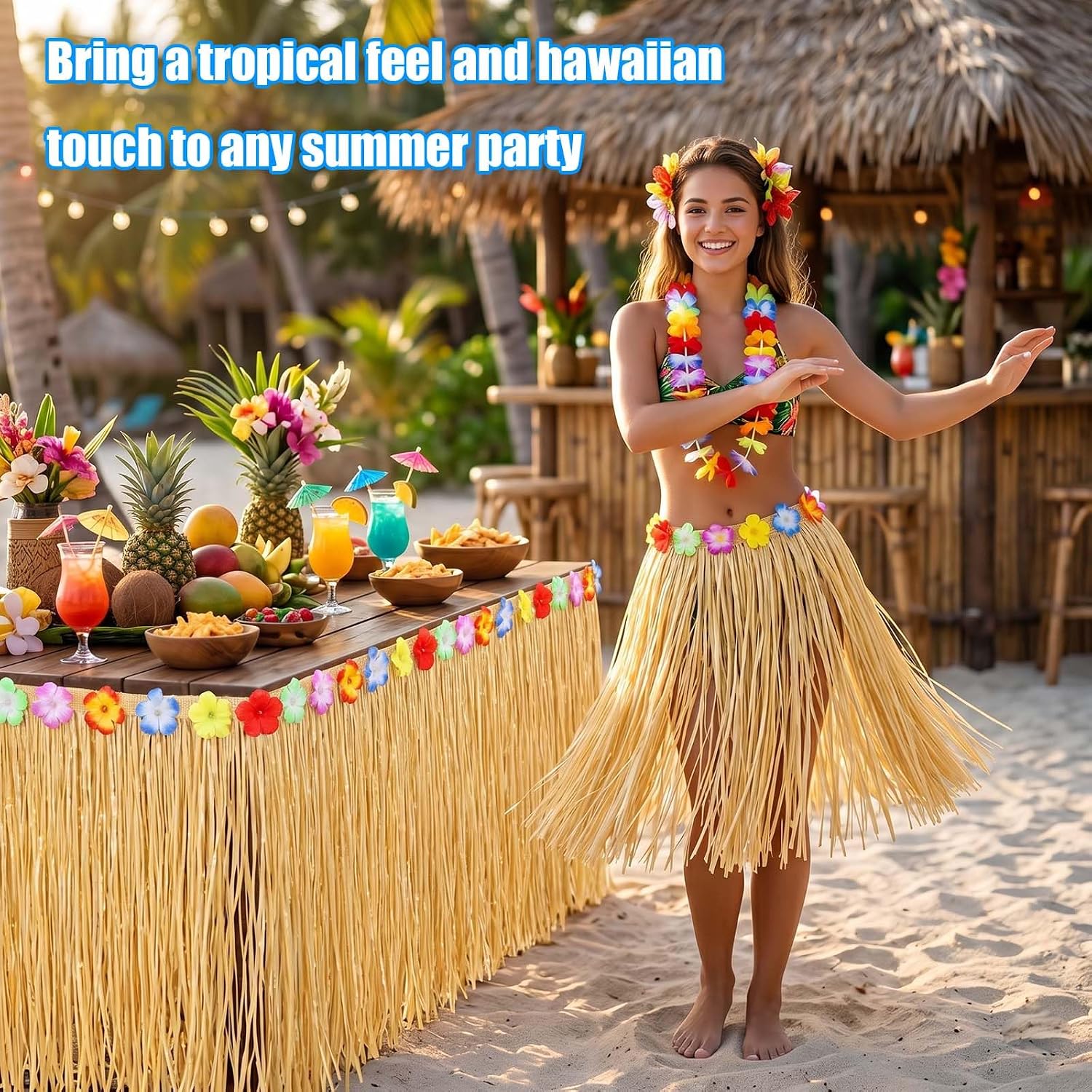 Thumbnail 1 de Bszatan 4 Pack Luau Grass Table Skirt – Natural 275x75cm Tropical Party Decor