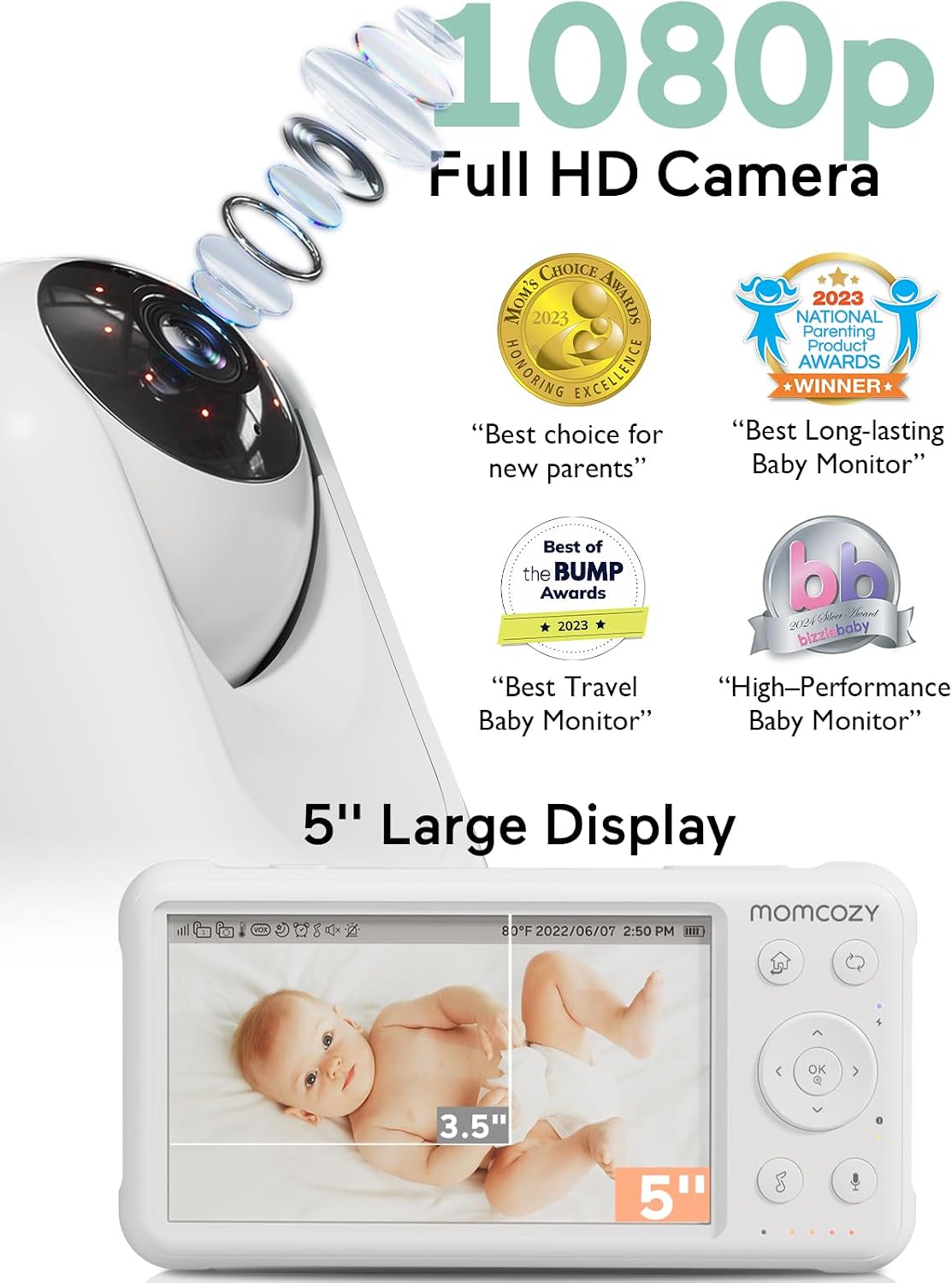 Thumbnail 1 de momcozy Baby Monitor with 2 Cameras: 5-Inch 1080P Split Screen, No WiFi, 5000mAh Battery