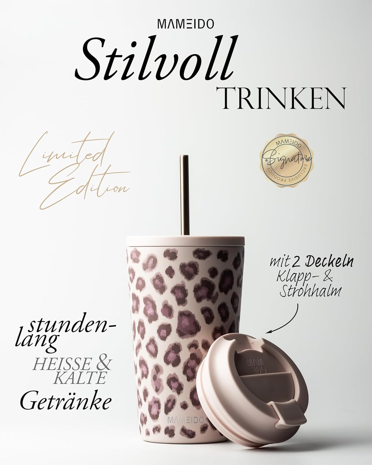 Thumbnail 1 de MAMEIDO Thermobecher mit Strohhalm 470 ml (doppelwandig, auslaufsicher) – Coffee-to-go im Dusty Glam Stil