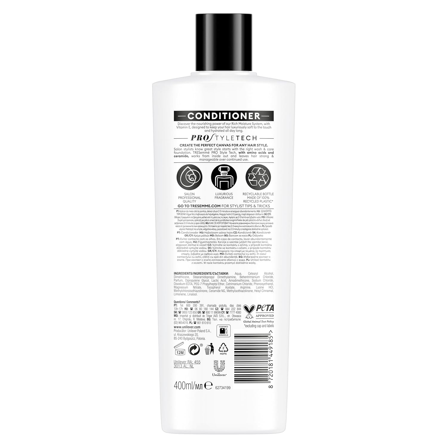 Detalle de TRESemmé Rich Moisture Conditioner, 3 x 400 ml – Für trockenes, geschädigtes Haar