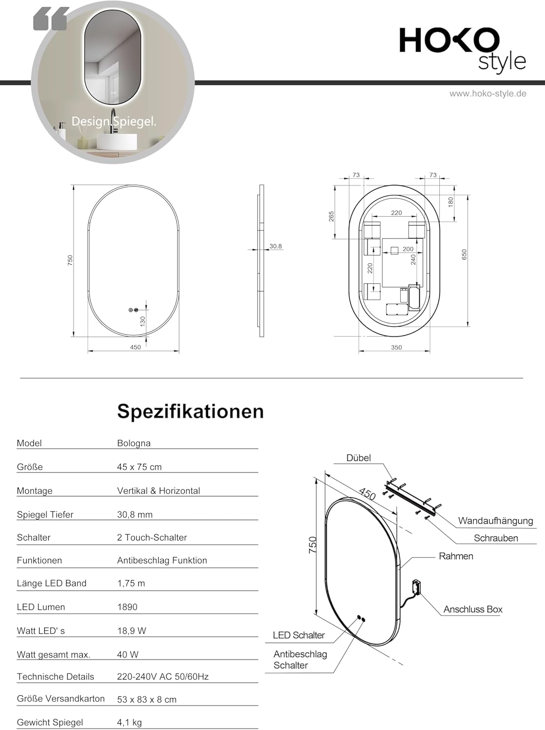 Thumbnail 6 de HOKO Specchio-Bagno con Luce Ovale Antiappannamento LED 45x75 cm, Cornice Metallo Nera, Montaggio Verticale/Orizzontale