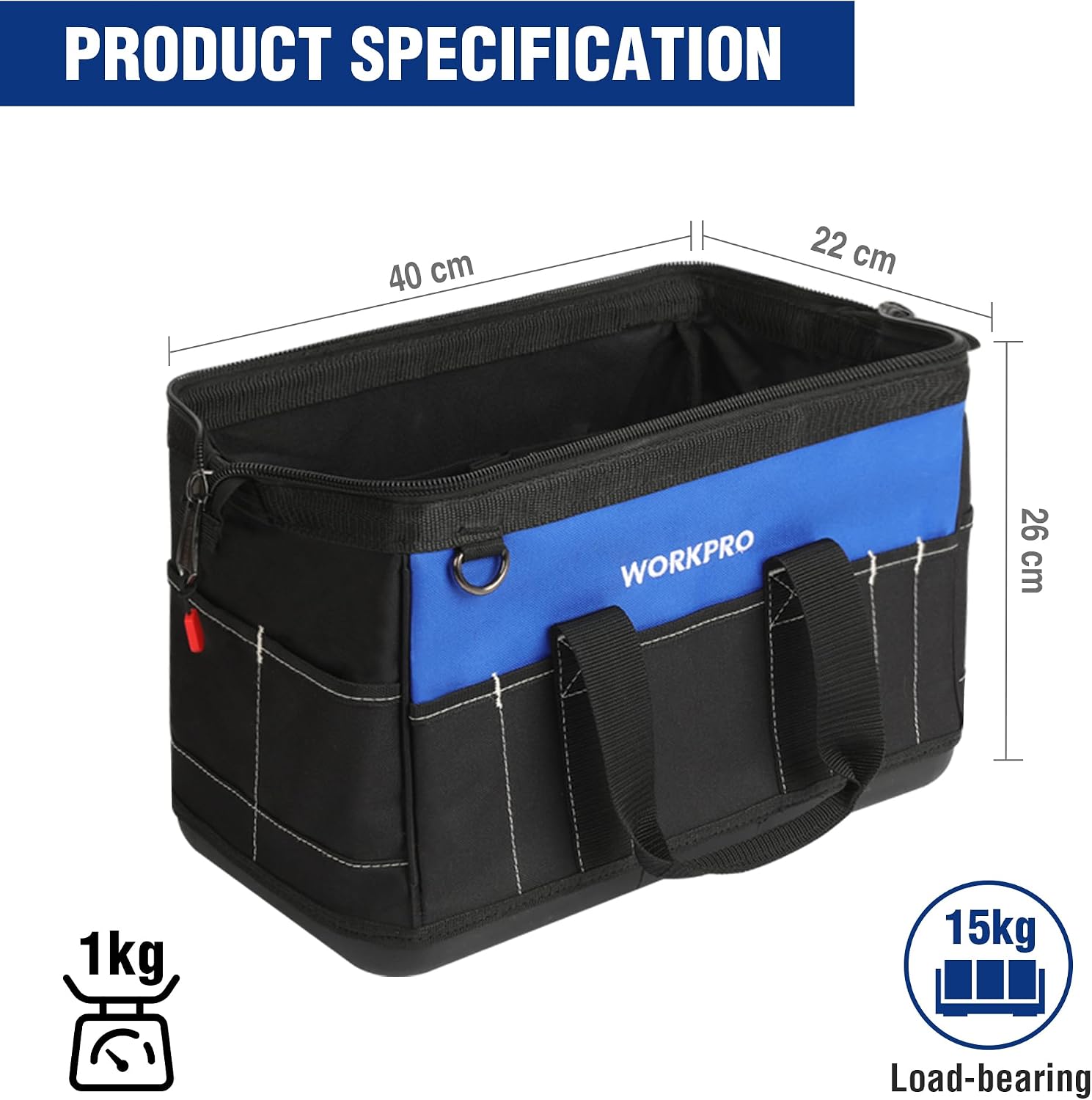 Detalle 2 de WORKPRO 16-inch Heavy-Duty Tool Bag – 40 x 22 x 26 cm with Waterproof Base and Wide-Open Design