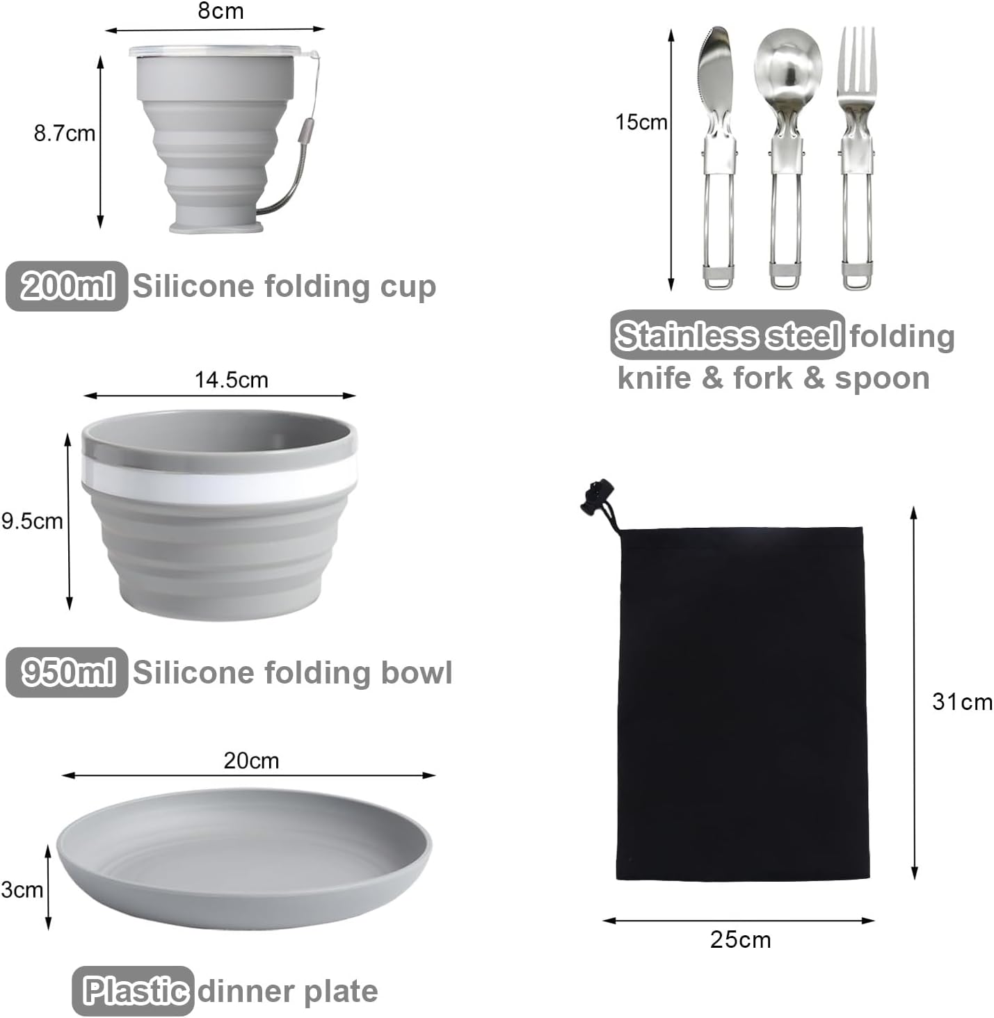 Detalle de 6 in 1 Foldable Camping Mess Kit with Stainless Steel Cutlery – Portable Outdoor Dining Set