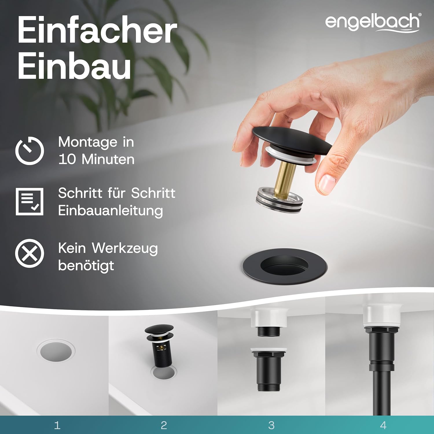 Thumbnail 5 de Engelbach Universal Waschbecken Ablaufgarnitur – Pop-Up Ventil mit Überlauf, herausziehbarem Stöpsel inkl. Haarsieb