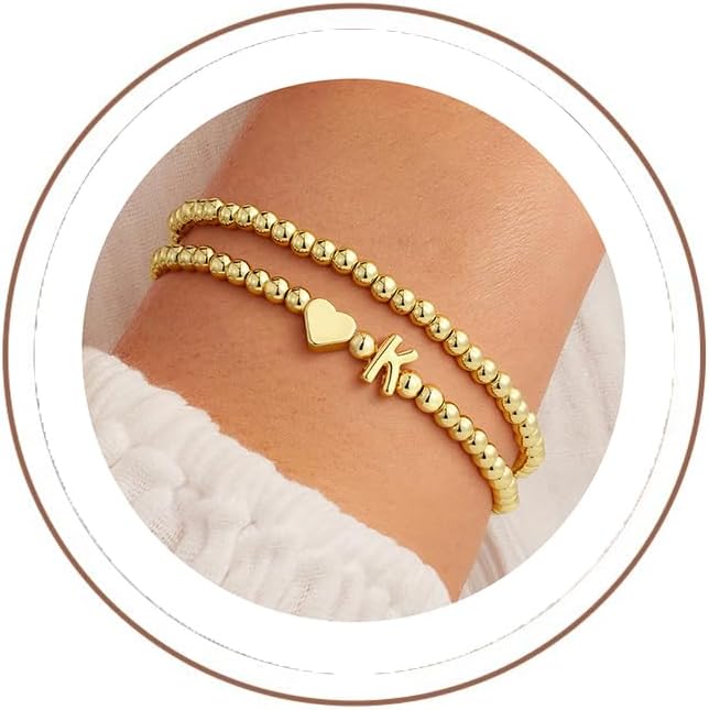 Detalle de TINGN Armband Damen Gold mit Herz – Initialen-Doppelperlenarmband, 14K Vergoldet, 17,5 cm