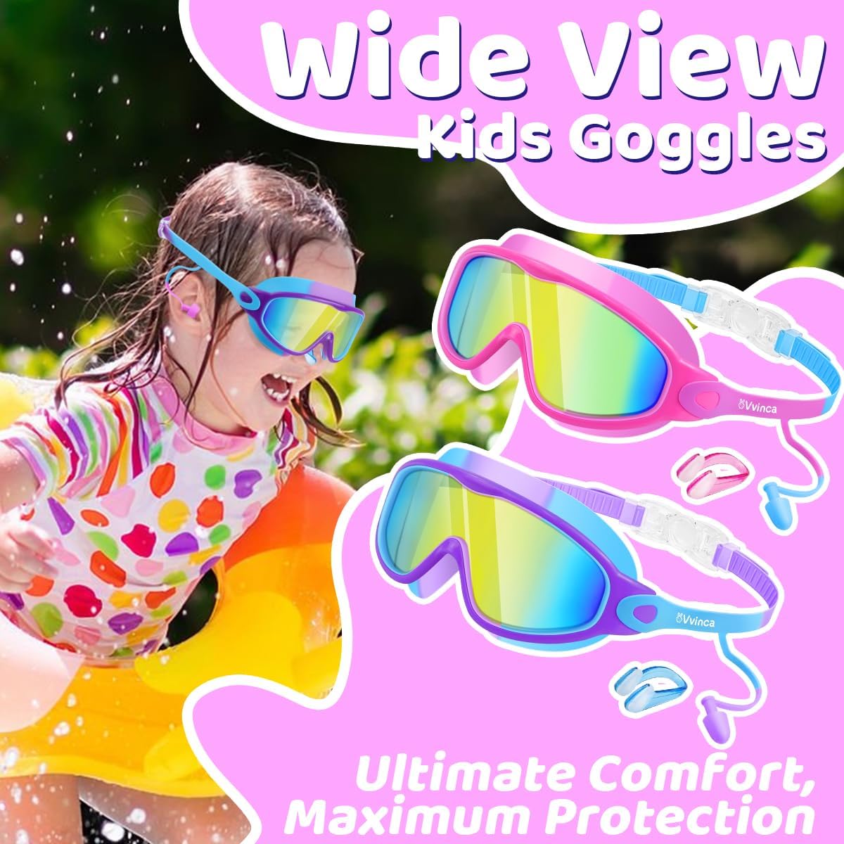 Thumbnail 1 de Vvinca Kids Swimming Goggles (2 Pack) with Earplugs, Nose Clip, Anti-Fog & UV Protection for Ages 3–15