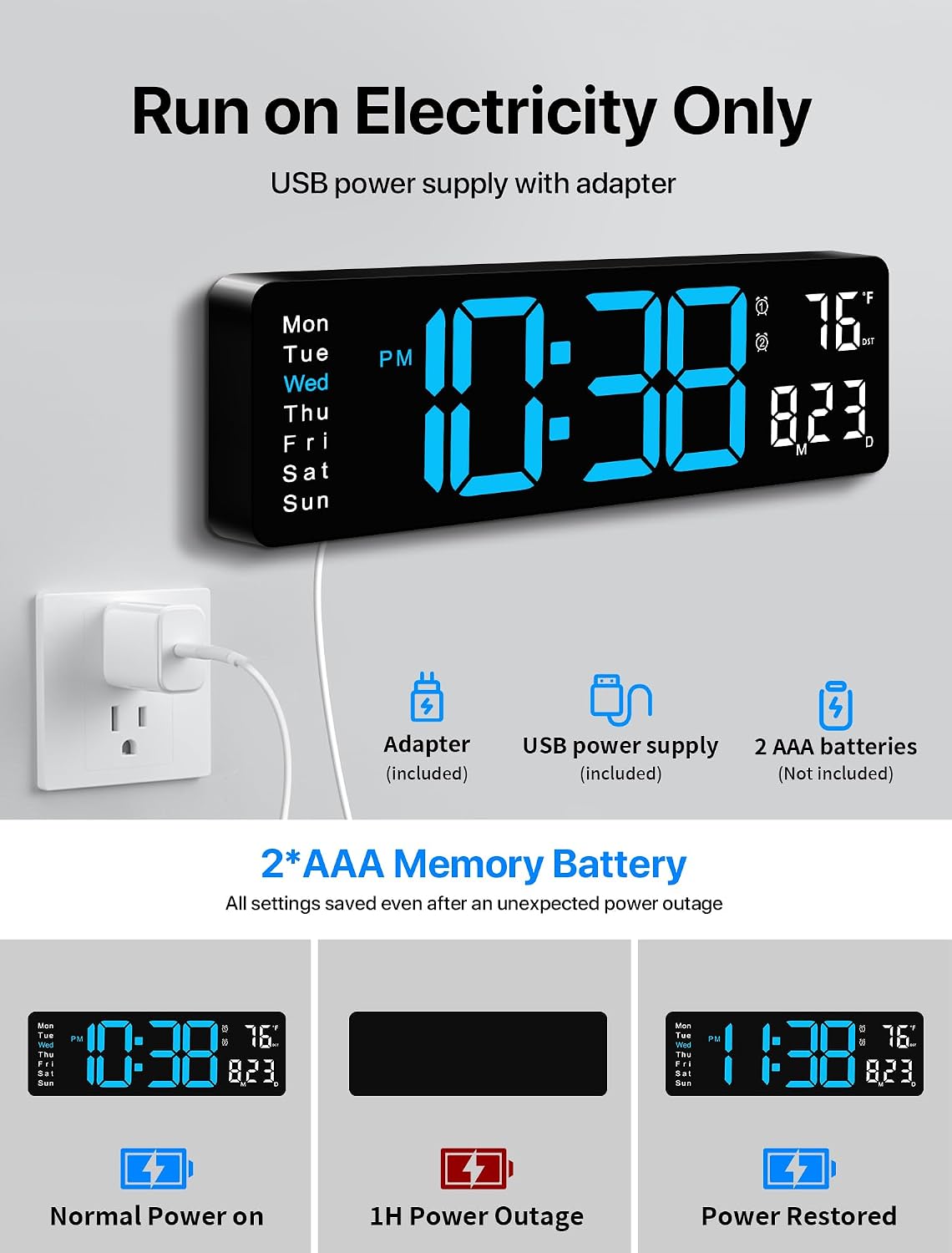 Detalle 2 de MASHI Digital Wall Clock, 16-inch