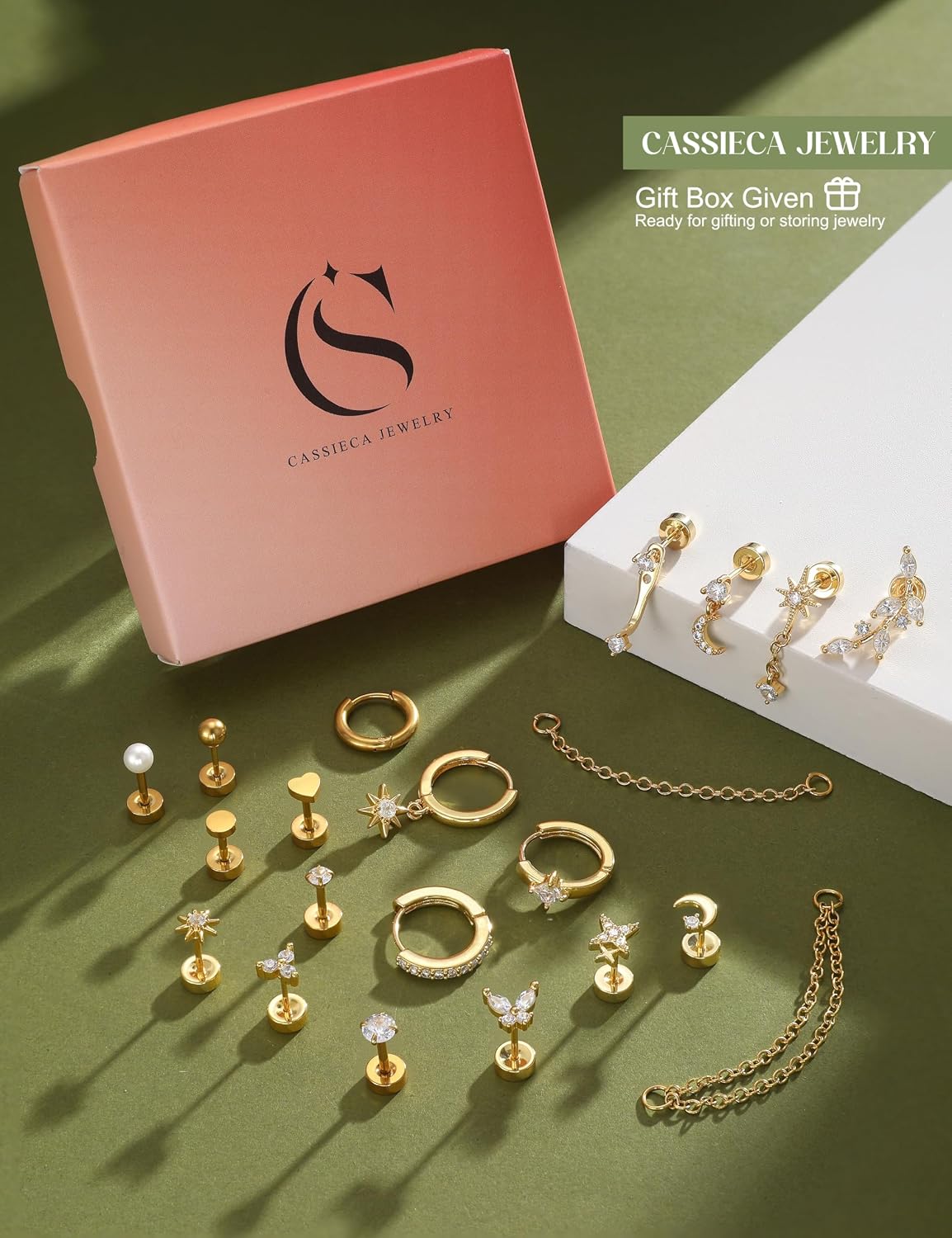 Detalle de CASSIECA 21er Helix Piercings Set aus Chirurgenstahl – Goldbeschichtung, Zirkonia & Flachverschluss