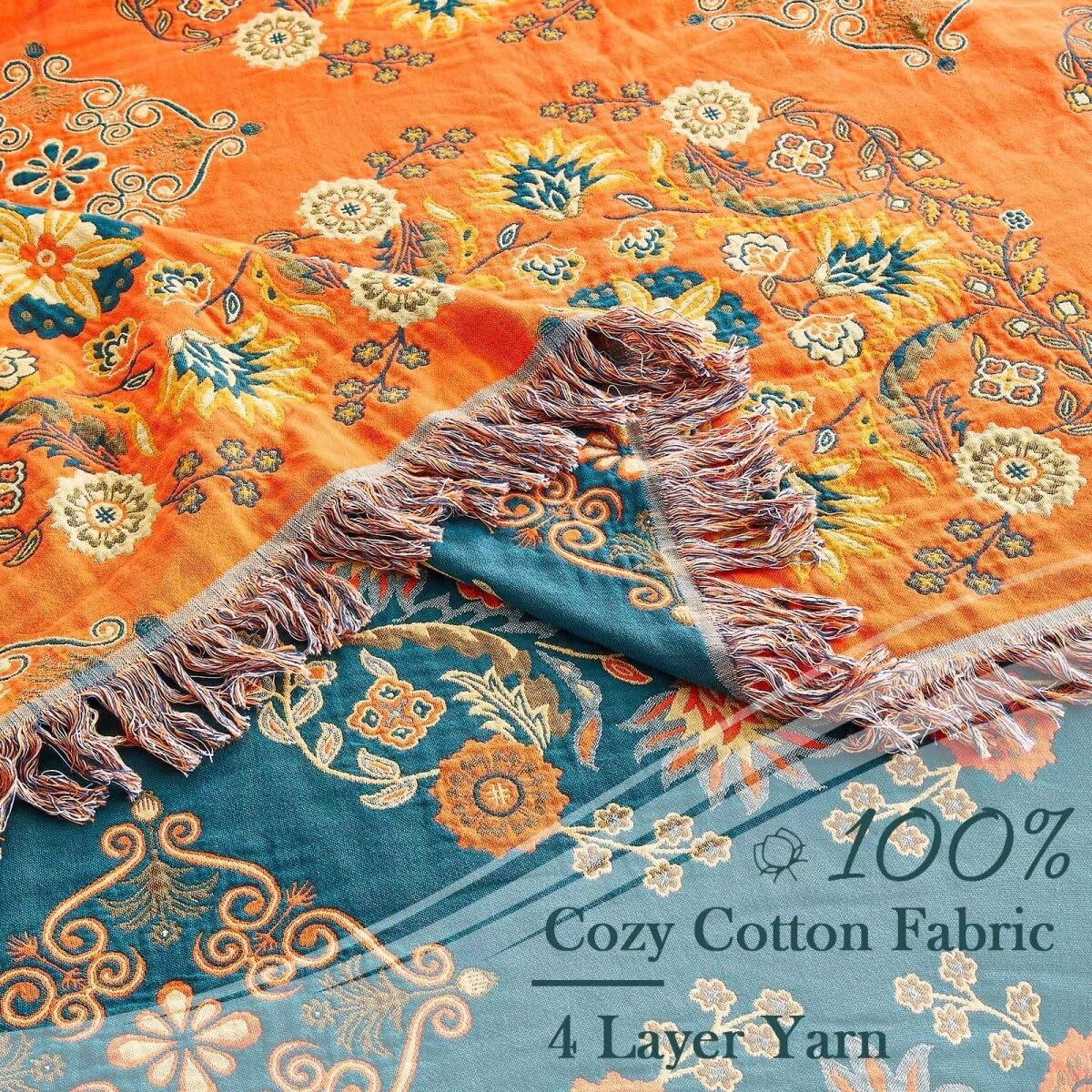 Thumbnail 6 de XIBLC Boho Throw Blanket (100% Cotton) 60"x80" Floral Reversible Farmhouse Decor, Orange