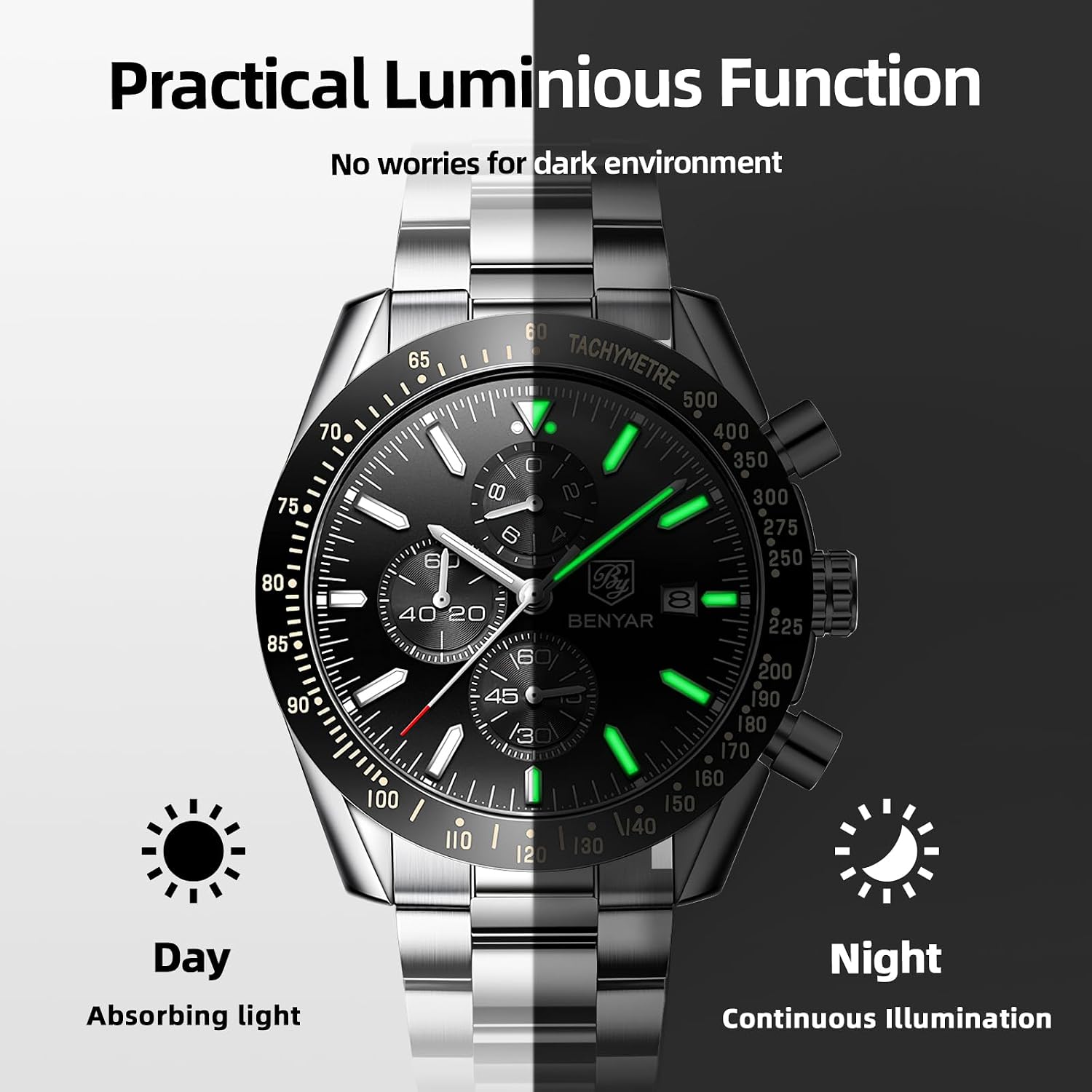 Thumbnail 6 de BENYAR BY Orologio Uomo Cronografo Analogico al Quarzo 45 mm Impermeabile Luminoso