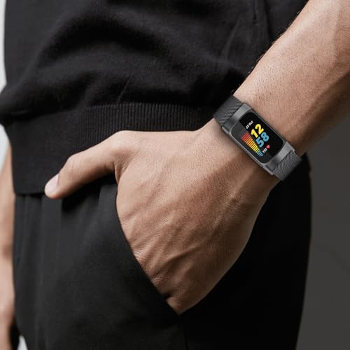 Detalle 2 de ELUTENG Sport Armband für Fitbit Charge 6/5 – 2er-Set Metallgeflecht, Magnetverschluss, Schwarz/Silber