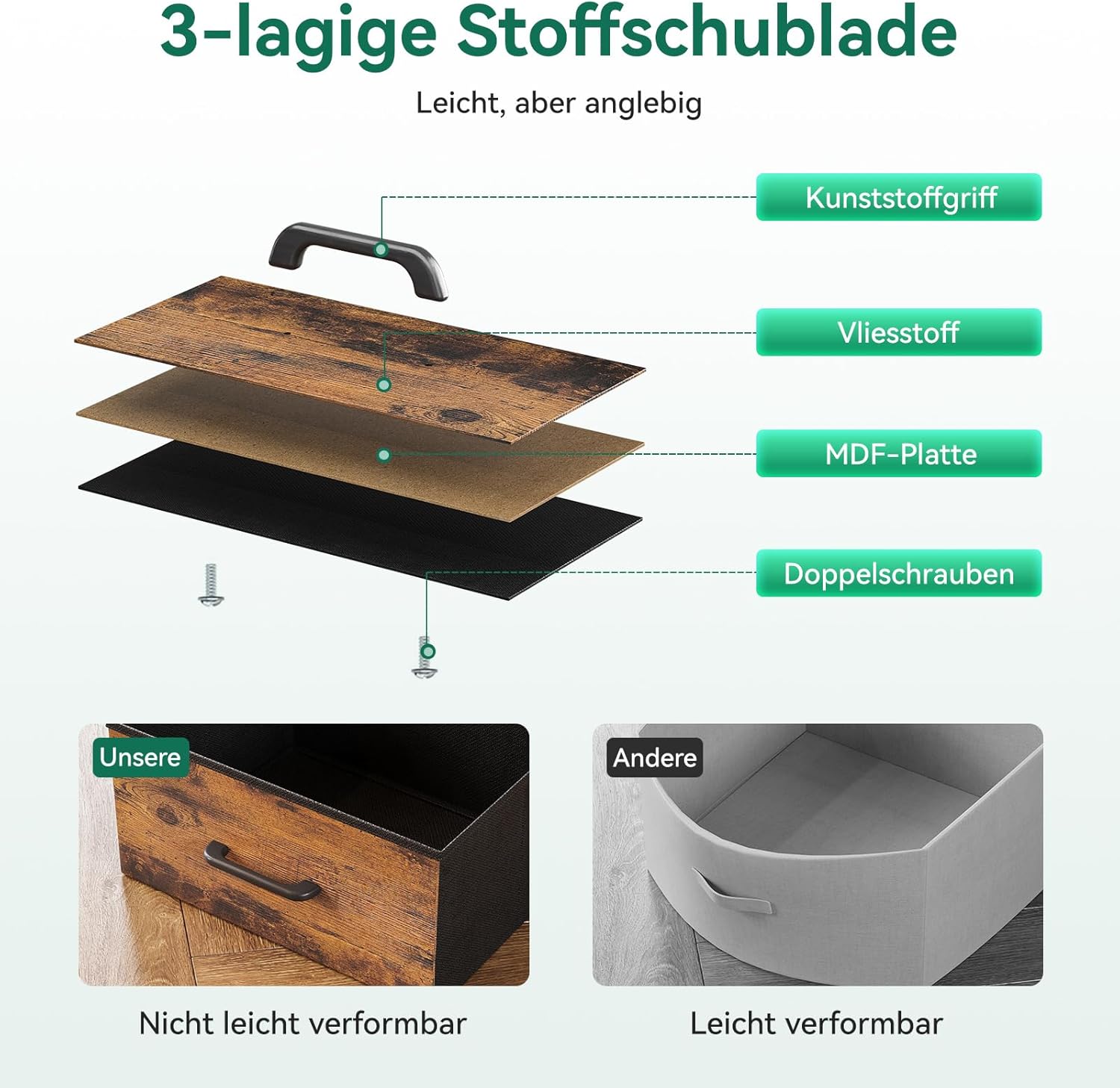 Thumbnail 6 de ODK Kommode mit 8 Stoffschubladen, LED-Lichtstreifen (10 Farben) und 2 USB/2 AC Steckdosen – 110×30×88 cm Vintage