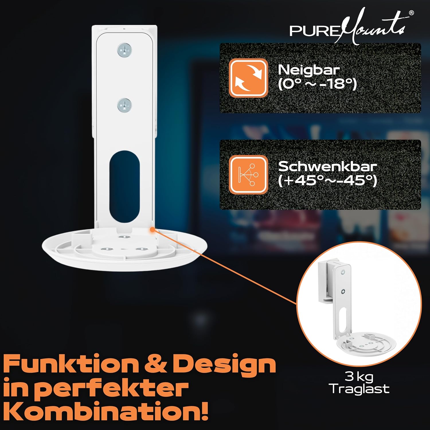 Detalle de PureMounts supporto a parete per diffusori Sonos Era 100 (set da 2) bianco, orientabile ±45° e inclinabile 0/-18°
