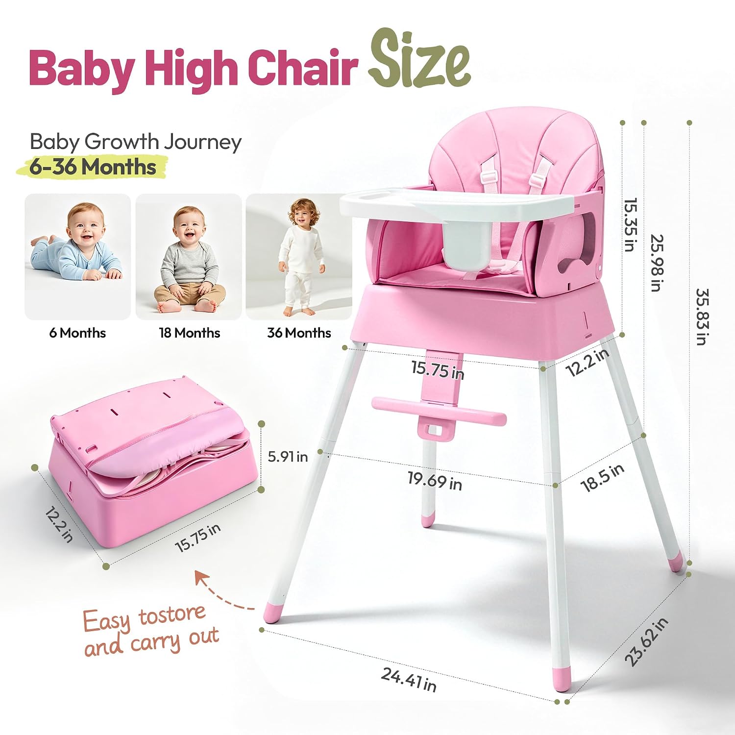 Detalle de BABHAMNESS 5-in-1 Foldable Baby High Chair with 5-Point Harness, Pink
