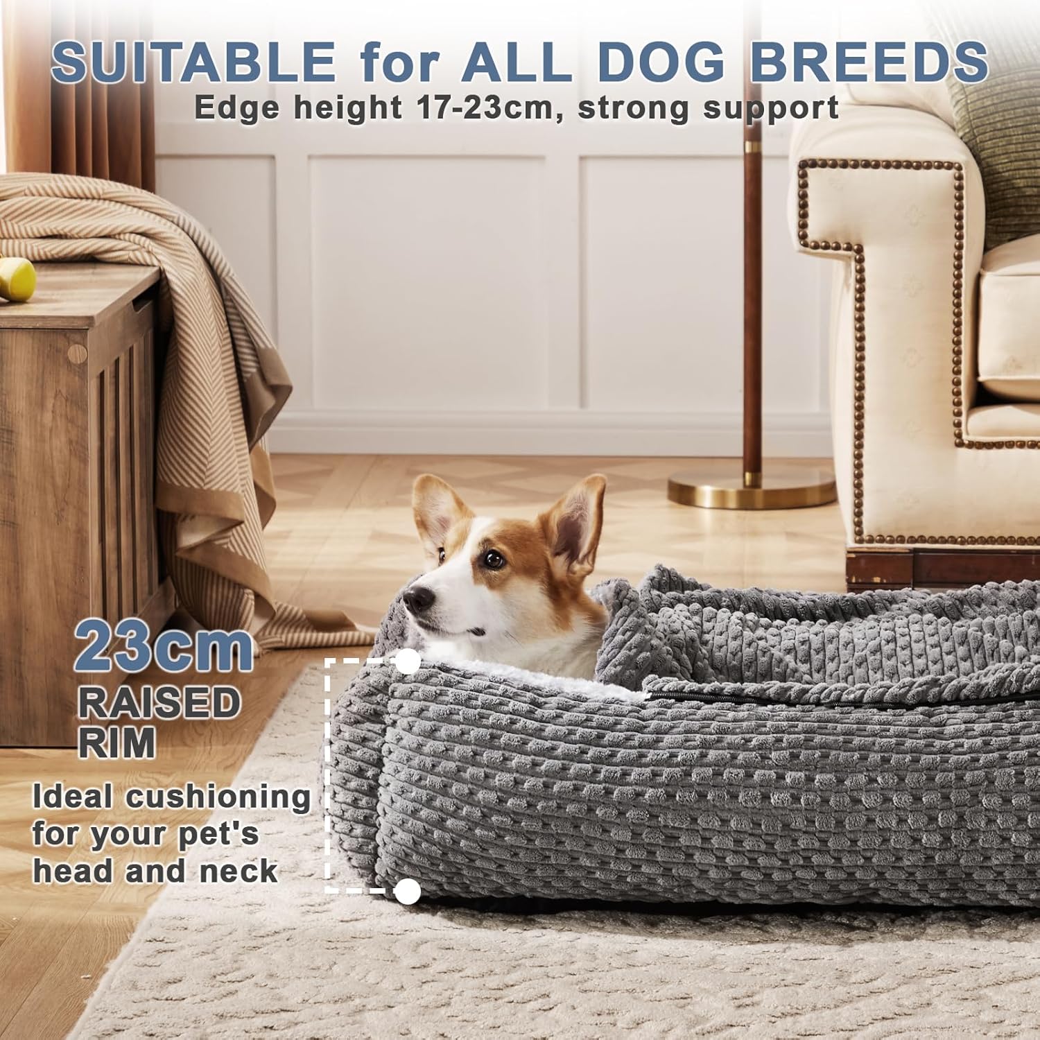 Detalle 2 de Heymamba Extra Large Rectangle Hooded Dog Cave Bed (Grey) 90x65x23cm