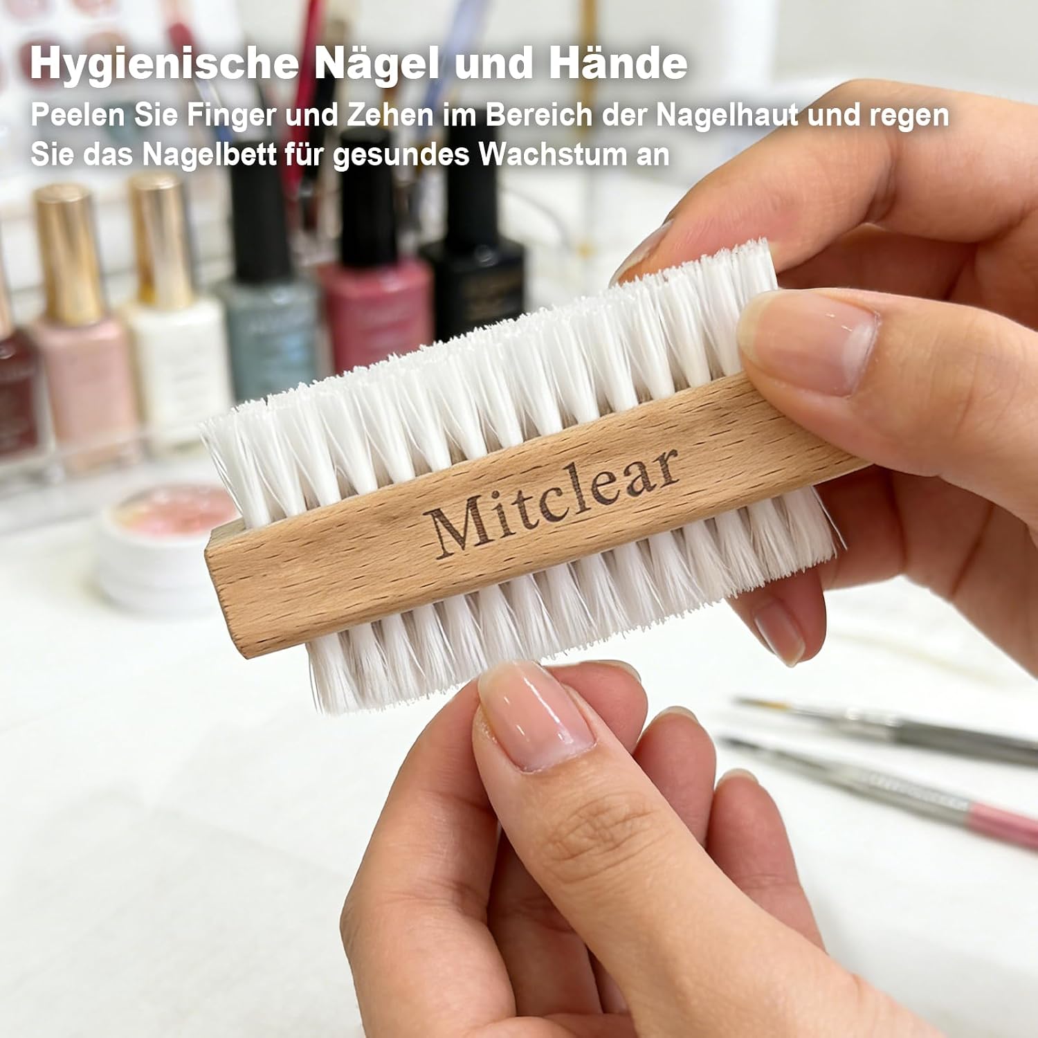 Detalle de Mitclear Nagelbürste Holz – 3er-Set, doppelseitig mit harten Borsten für Nägel, Hände und Füße