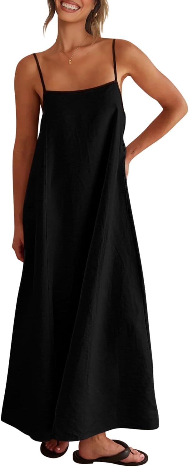Detalle de Shy Velvet 2026 Summer Linen Maxi Dress with Contrast Spaghetti Straps