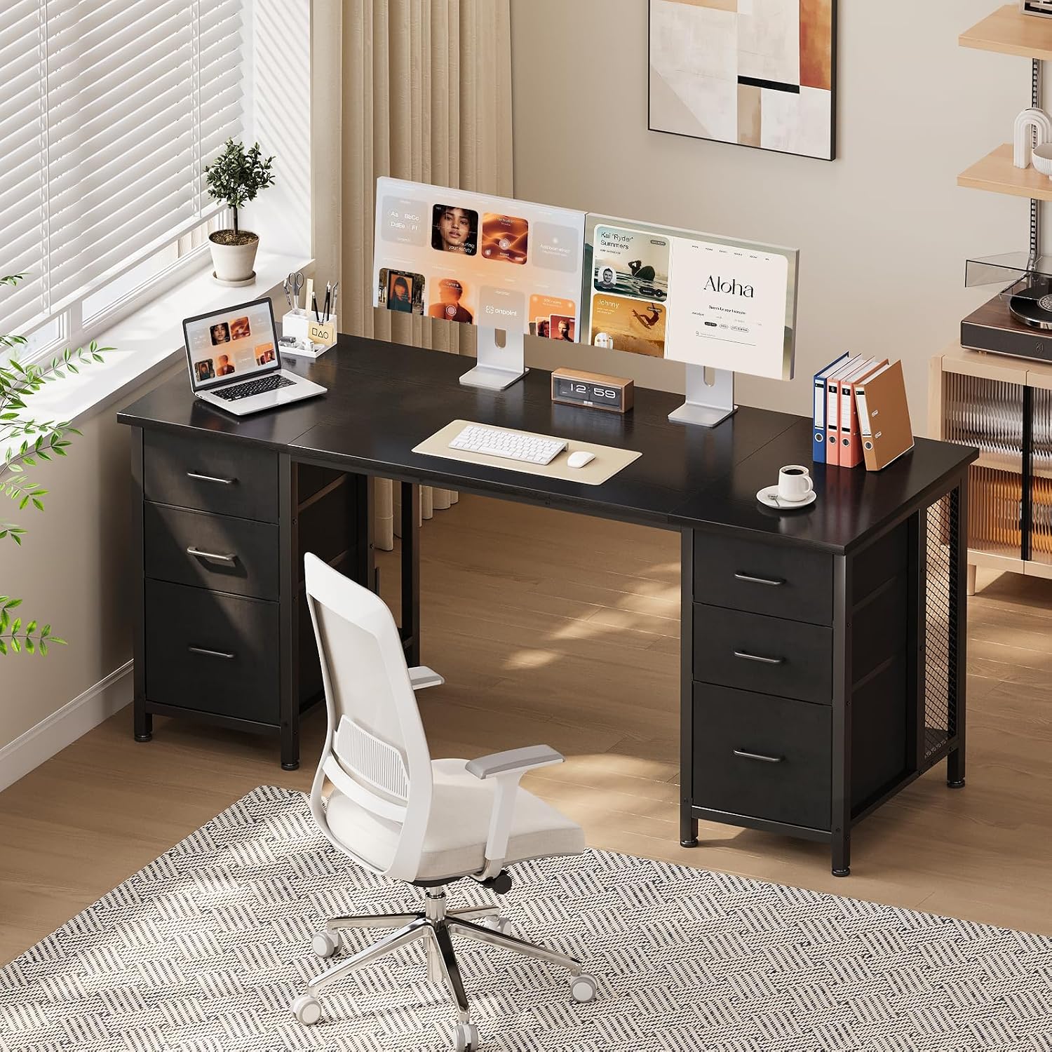 Thumbnail 1 de Coleshome Schreibtisch mit 6 Schubladen, 160x52 cm – Computertisch für Home Office, Schwarz