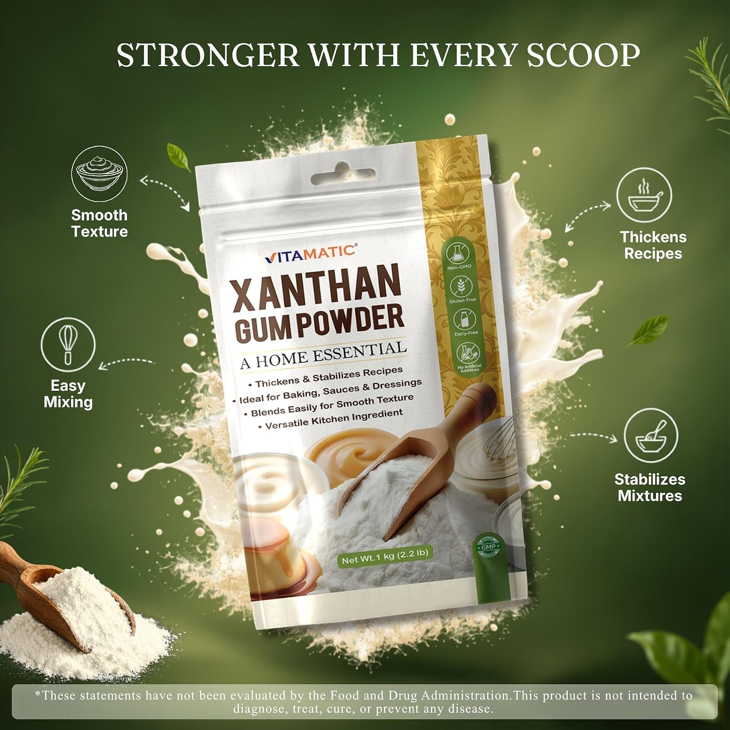 Detalle de Vitamatic Xanthan Gum Powder, 1 kg Gluten-Free Thickener for Baking & Sauces