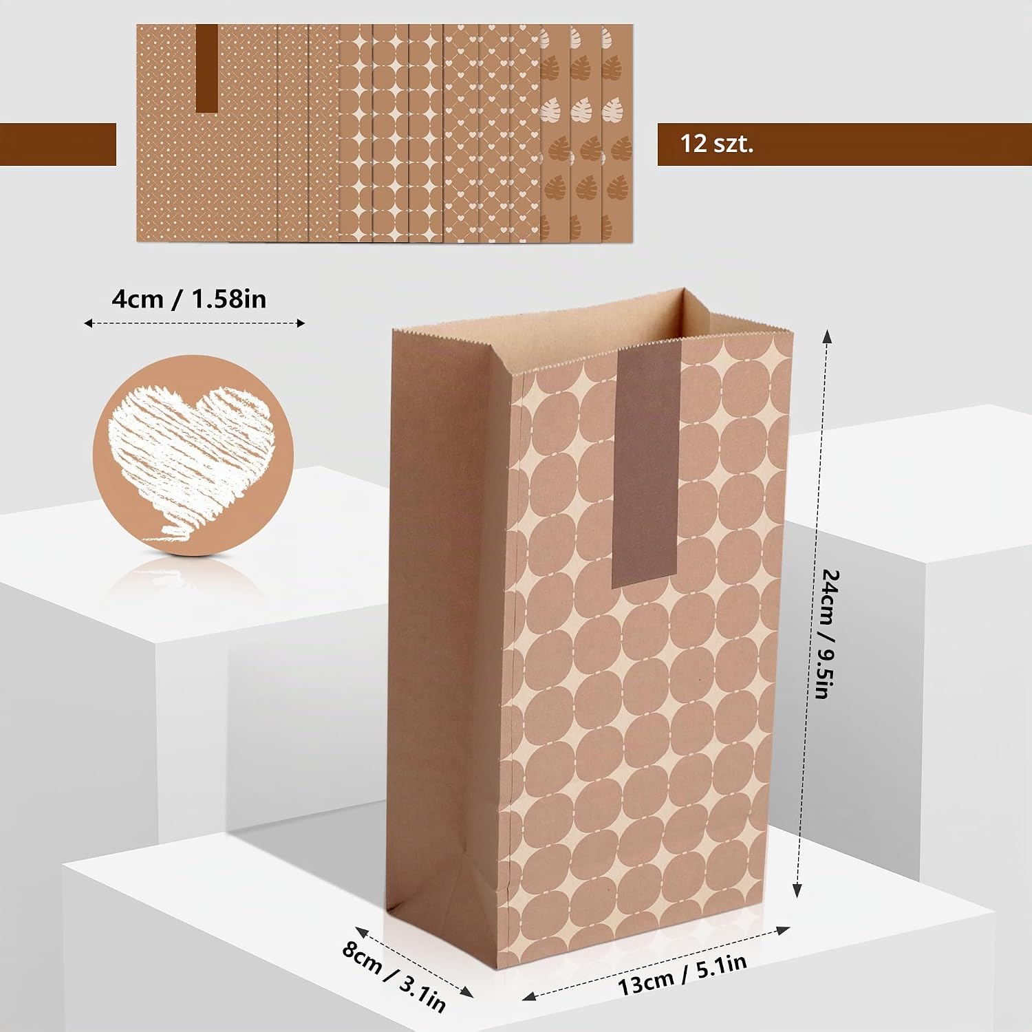 Thumbnail 6 de Romon papierowe torebki prezentowe, 12 sztuk z naklejkami, papier kraft 120 g