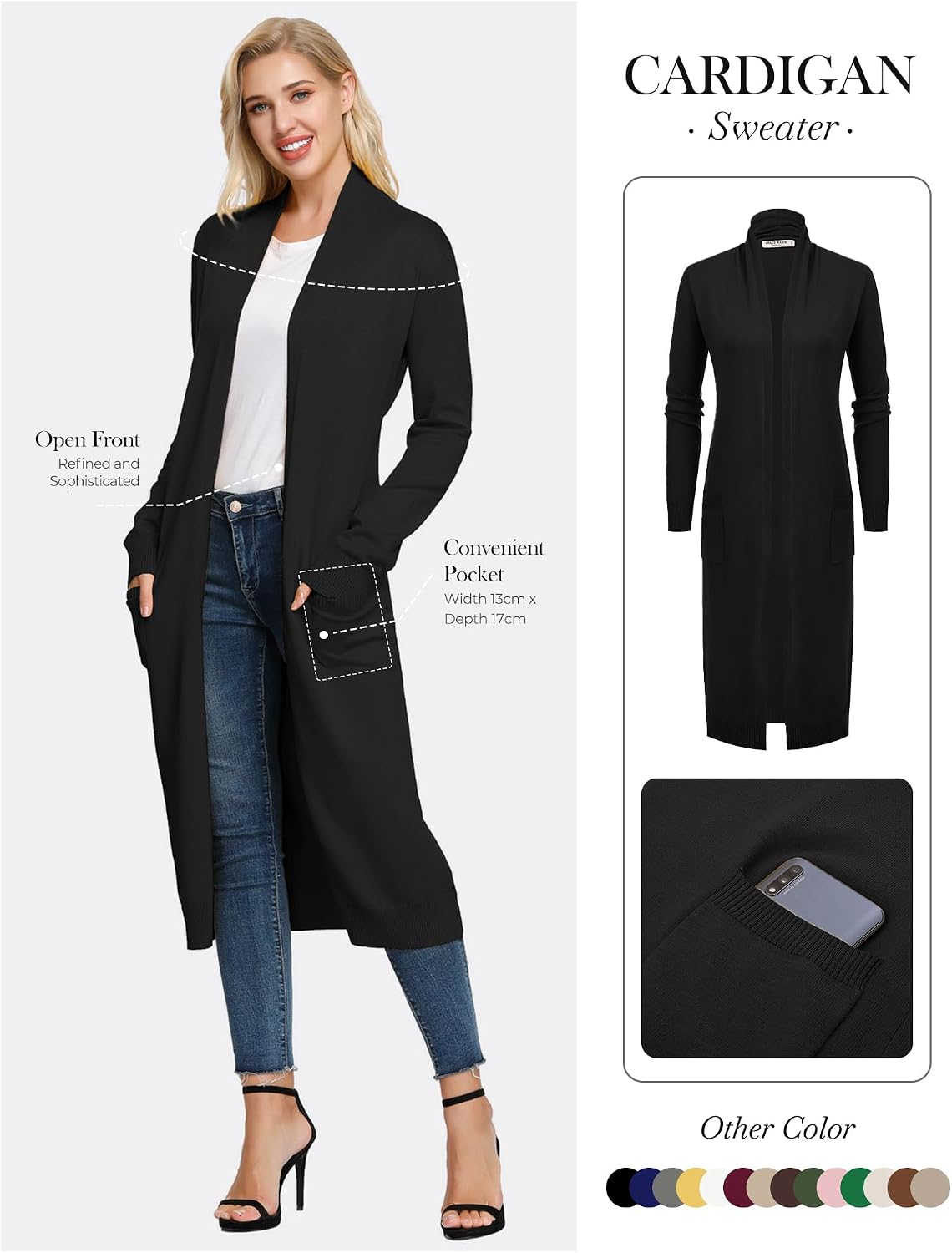 Detalle 2 de GRACE KARIN Essential Open Front Maxi Cardigan