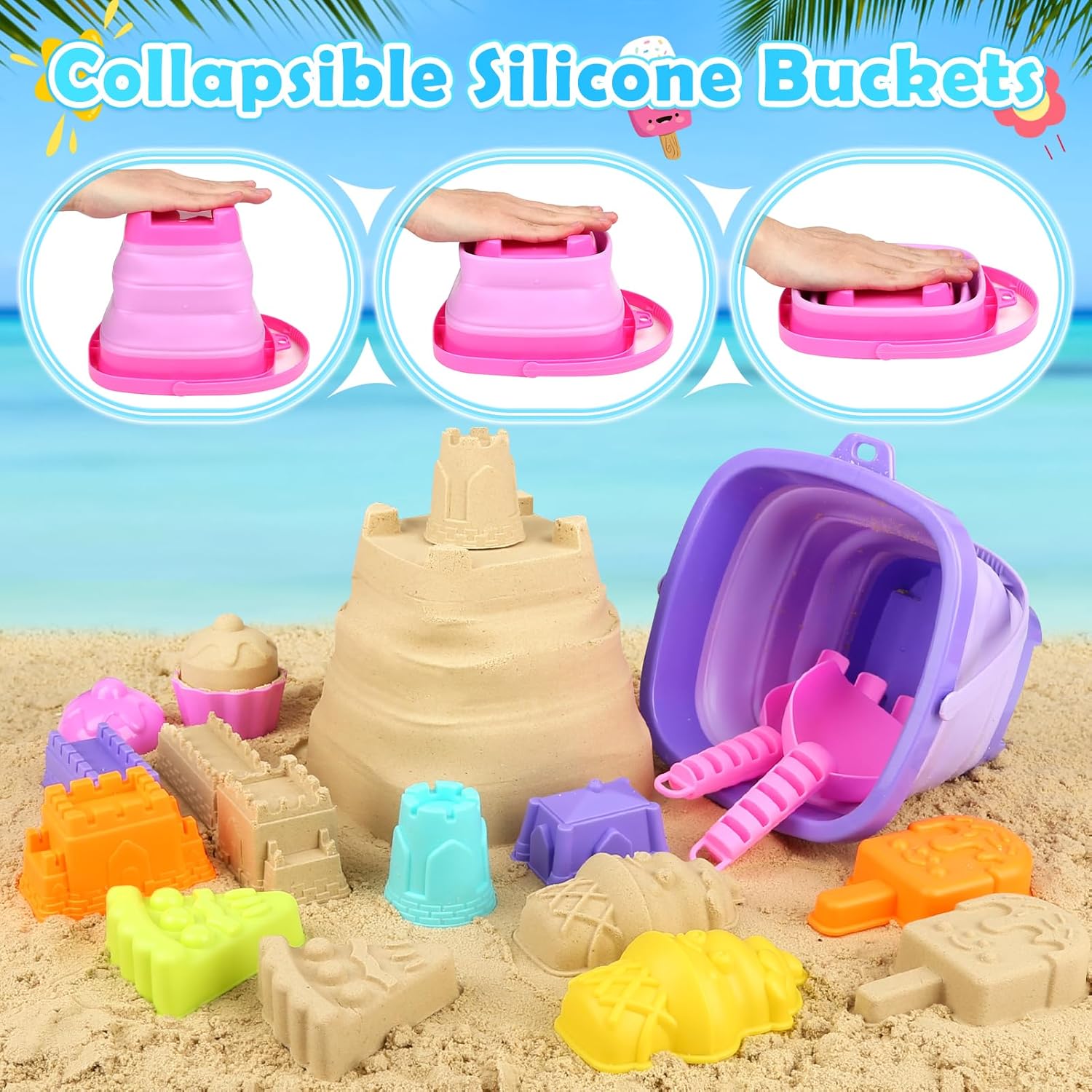Thumbnail 3 de Joyreal 49-teiliges Sandspielzeug-Set „Eis“ für Kinder (Strand, Sandkasten) mit Schaufel, faltbaren Eimern und Sandformen
