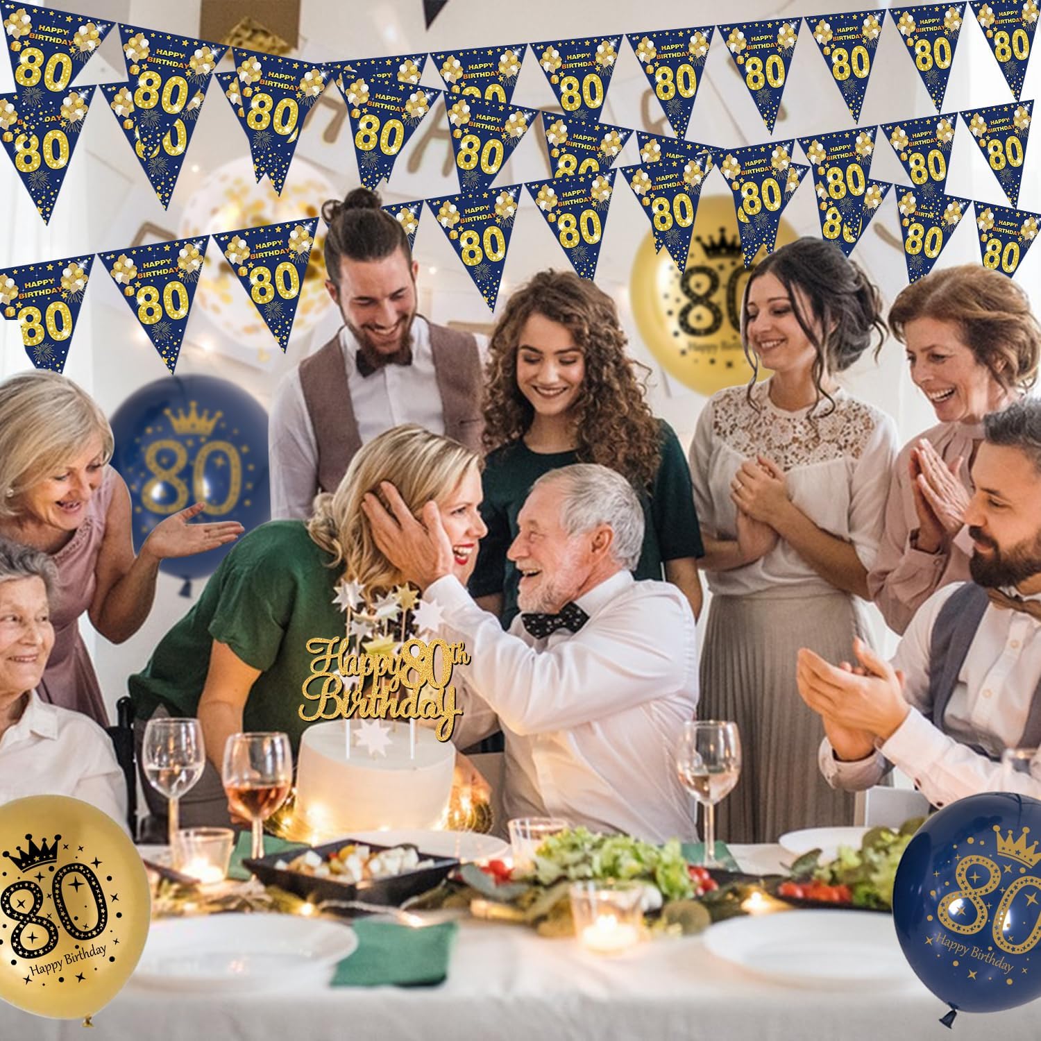 Detalle 2 de Men's 80th Birthday Decorations Blue and Gold Banner ๐