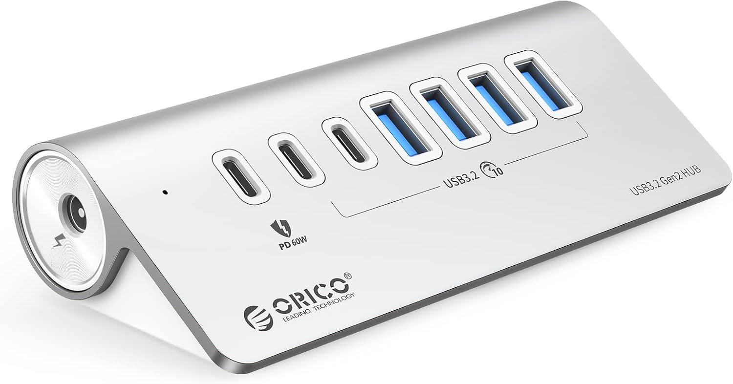 Detalle de ORICO USB C 3.2 Gen 2 Hub 7 porte con 10 Gbps e PD 60W, alluminio, 4x USB-A e 2x USB-C