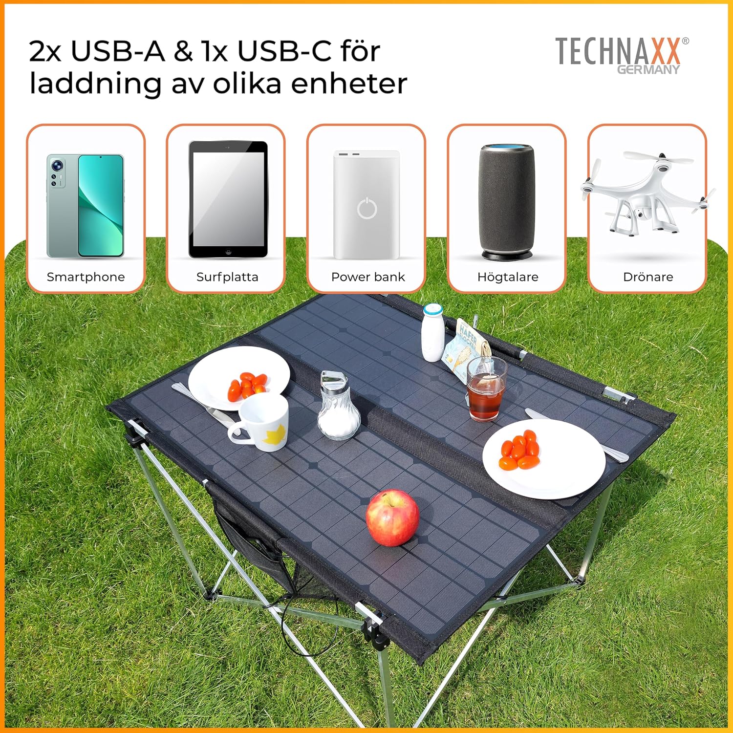 Detalle de Technaxx TX-252 hopfällbart solcellscampingbord, 60 W och tre USB-portar