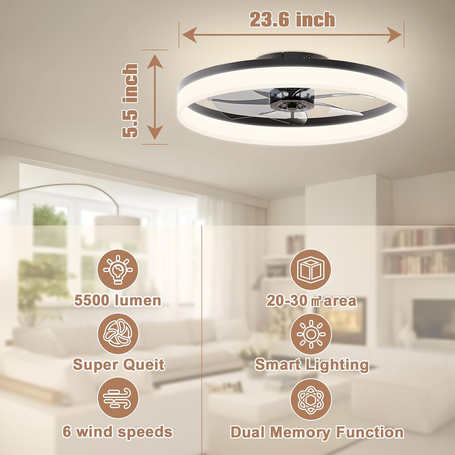 Detalle 1 de VOLISUN 8225C-600 Ceiling Fan with Light, 23.6-Inch Black Flush Mount, Dimmable LED
