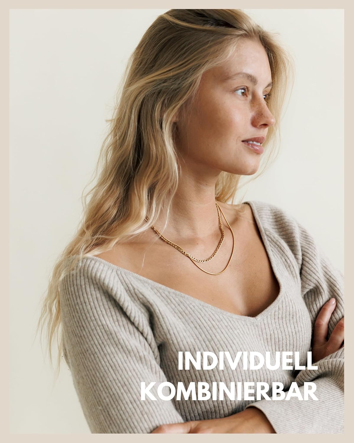 Detalle de Layering Kette – Wasserfestes 3er Ketten-Set in 18K Gold, Roségold oder Silber (316L Edelstahl) – Verstellbare Figaro- und Schlangenkette