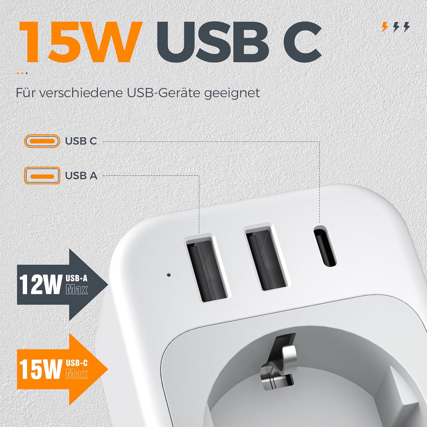 Thumbnail 2 de TESSAN Steckdose mit USB-C und 3 USB (Schuko) – Mehrfachstecker für bis zu 4 Geräte, grau