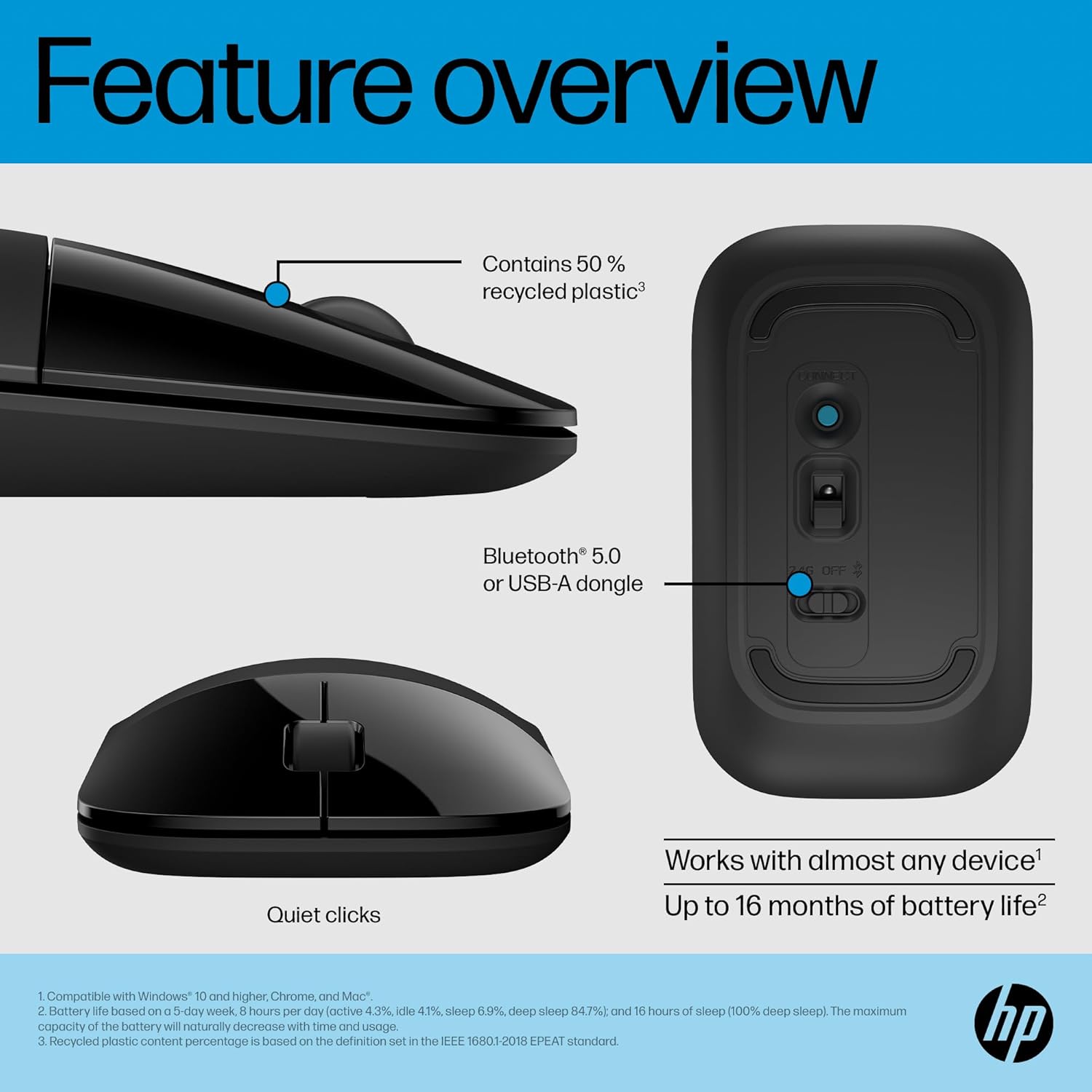 Thumbnail 2 de HP Z3700 Dual Black Wireless Mouse: Bluetooth 5.0 and 2.4GHz USB-A Dongle, 1600 DPI
