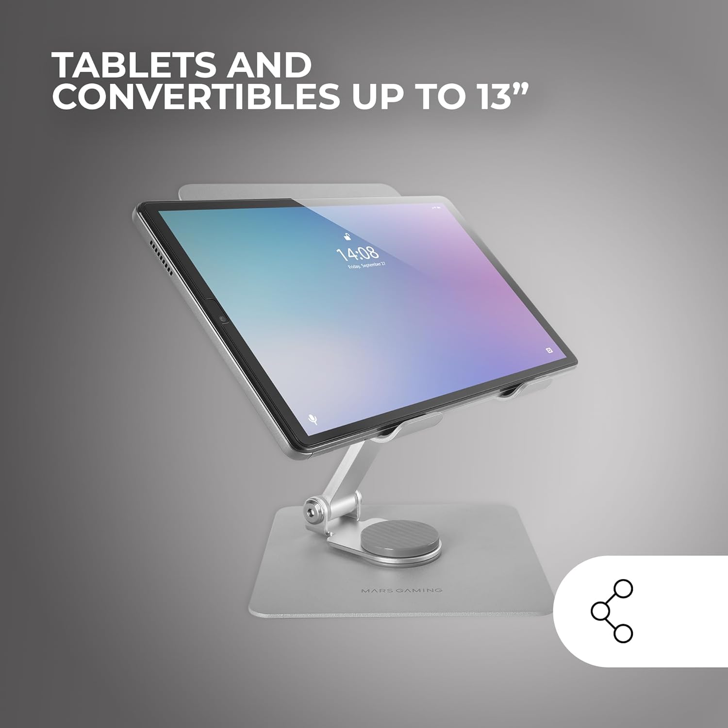 Detalle de Mars Gaming MA-RST supporto per tablet e convertibili 2in1 fino a 13" con rotazione 360° e altezza regolabile